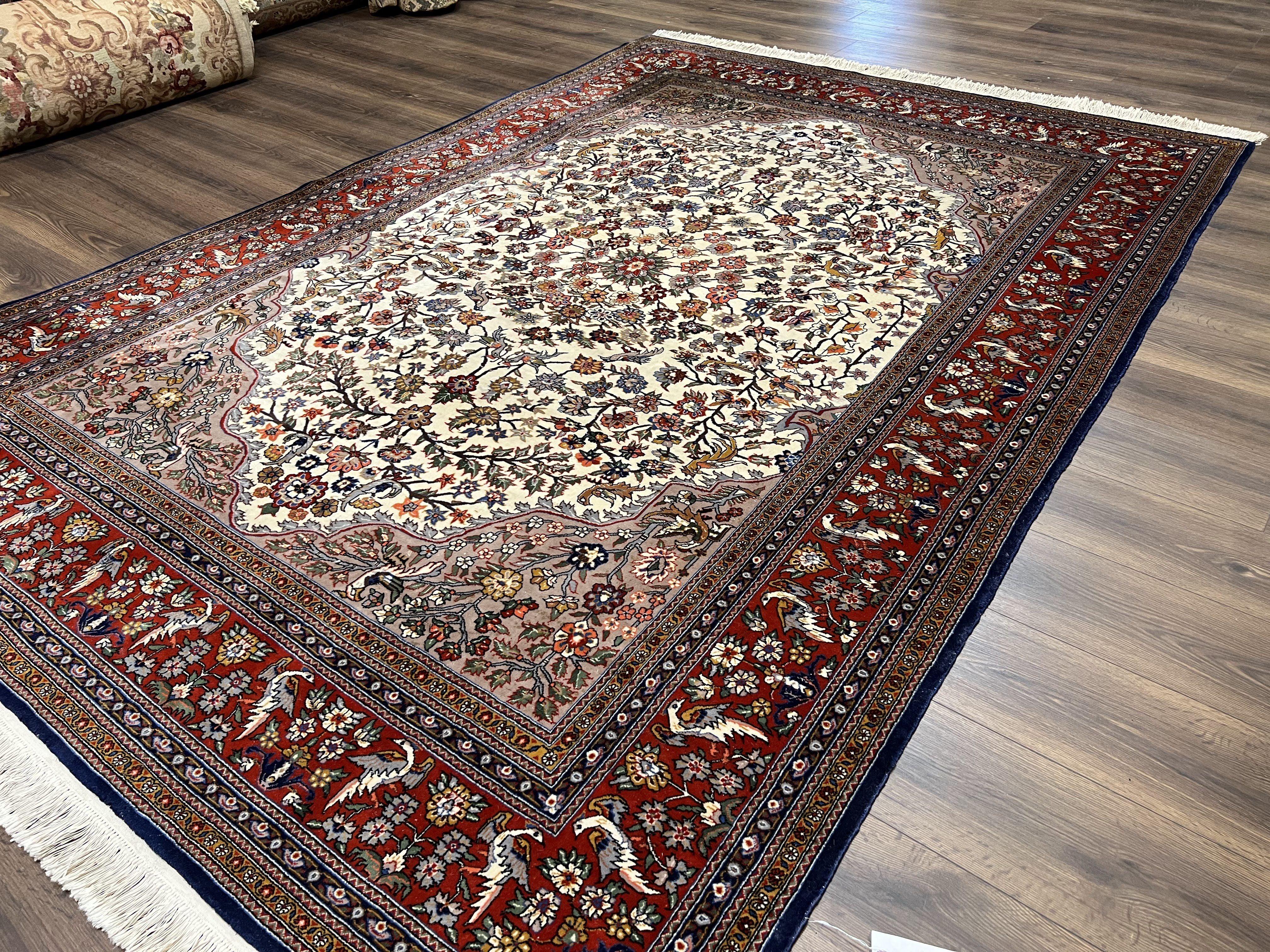 Beautiful Sino Persian Rug 7x10, Circle of Life Tree of Life Rug, Birds, Cream Red Navy Blue Taupe, Wool Silk Accents, Hand Knotted Vintage - Image 11
