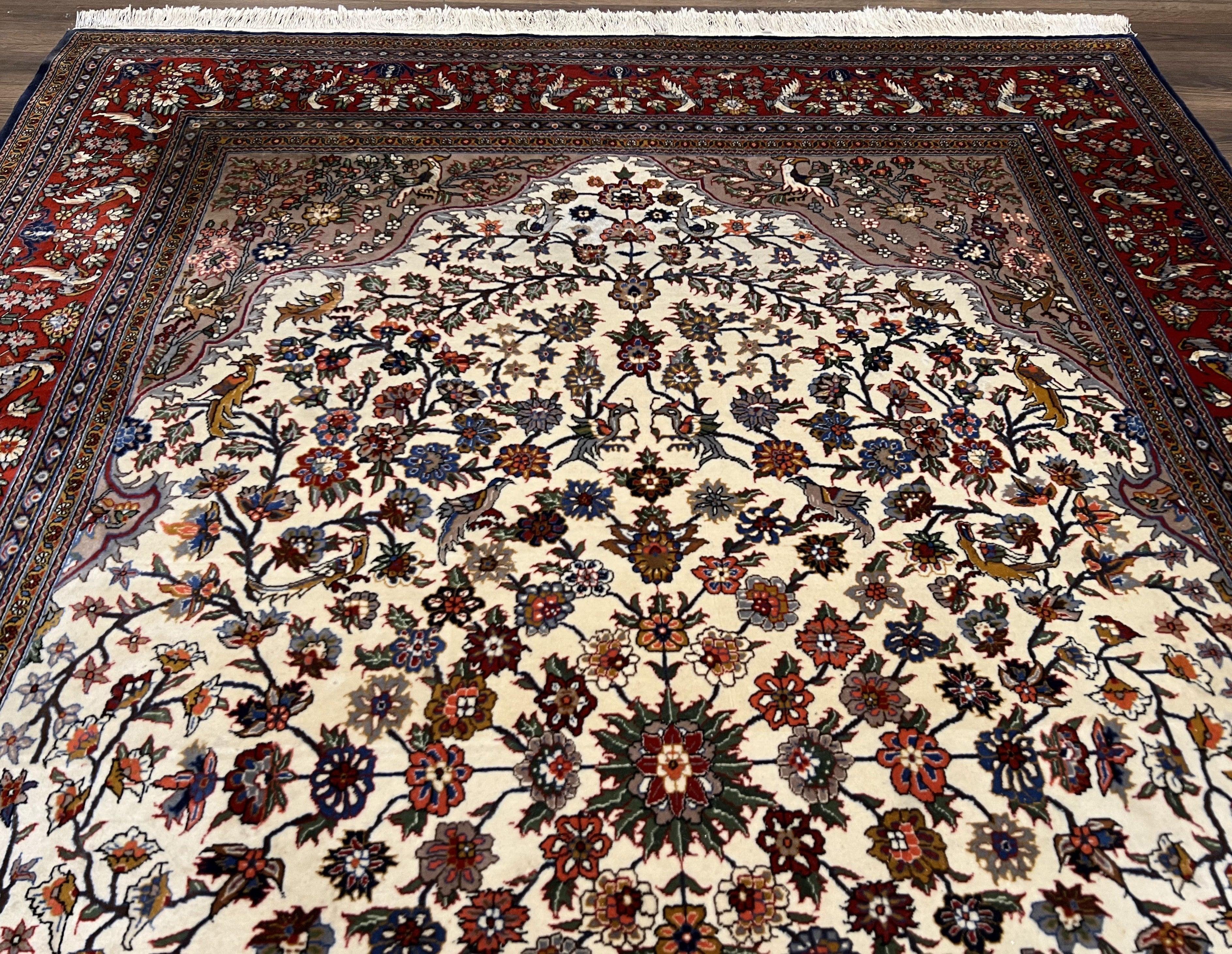 Beautiful Sino Persian Rug 7x10, Circle of Life Tree of Life Rug, Birds, Cream Red Navy Blue Taupe, Wool Silk Accents, Hand Knotted Vintage - Image 12