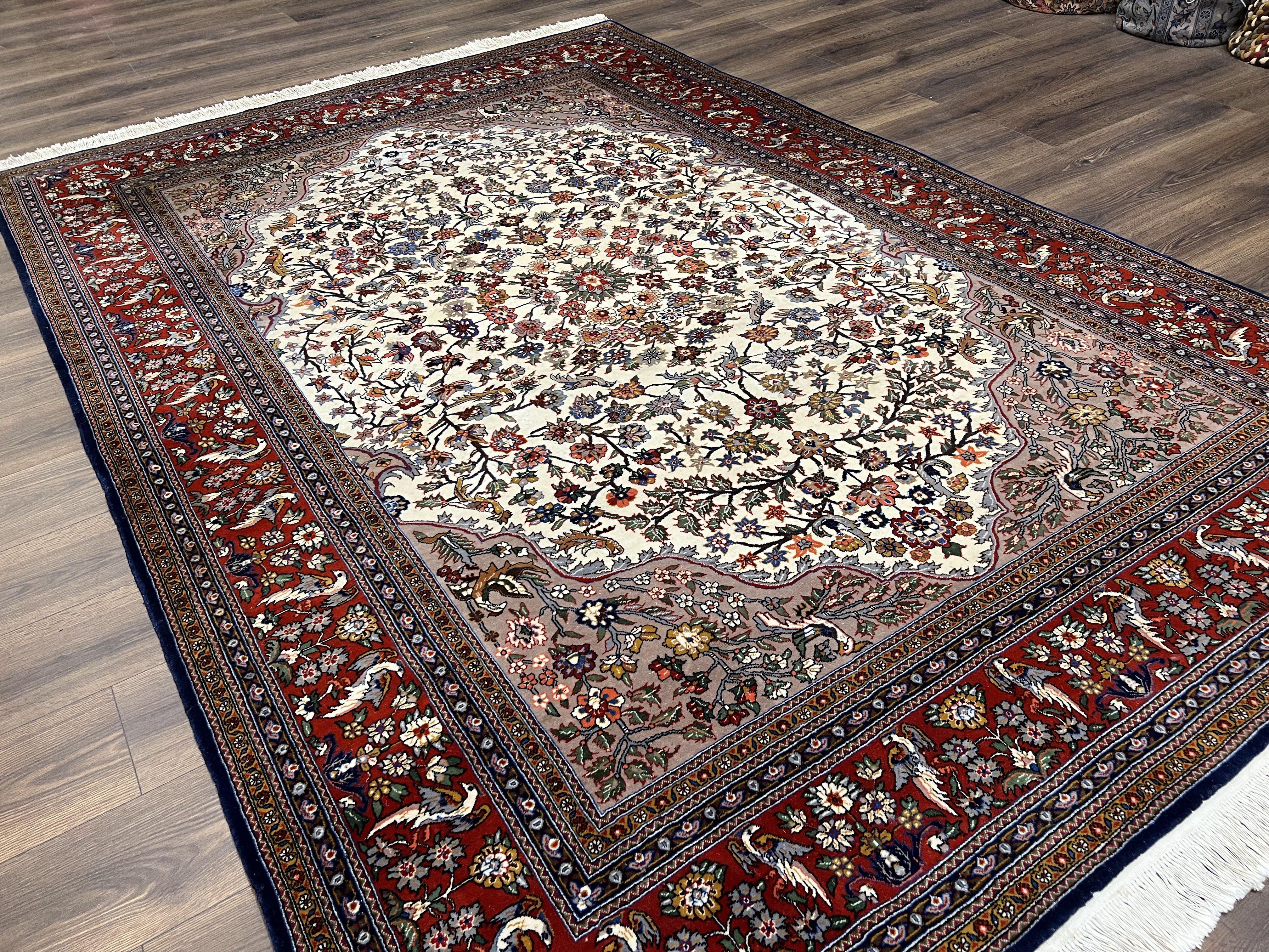 Beautiful Sino Persian Rug 7x10, Circle of Life Tree of Life Rug, Birds, Cream Red Navy Blue Taupe, Wool Silk Accents, Hand Knotted Vintage - Image 2