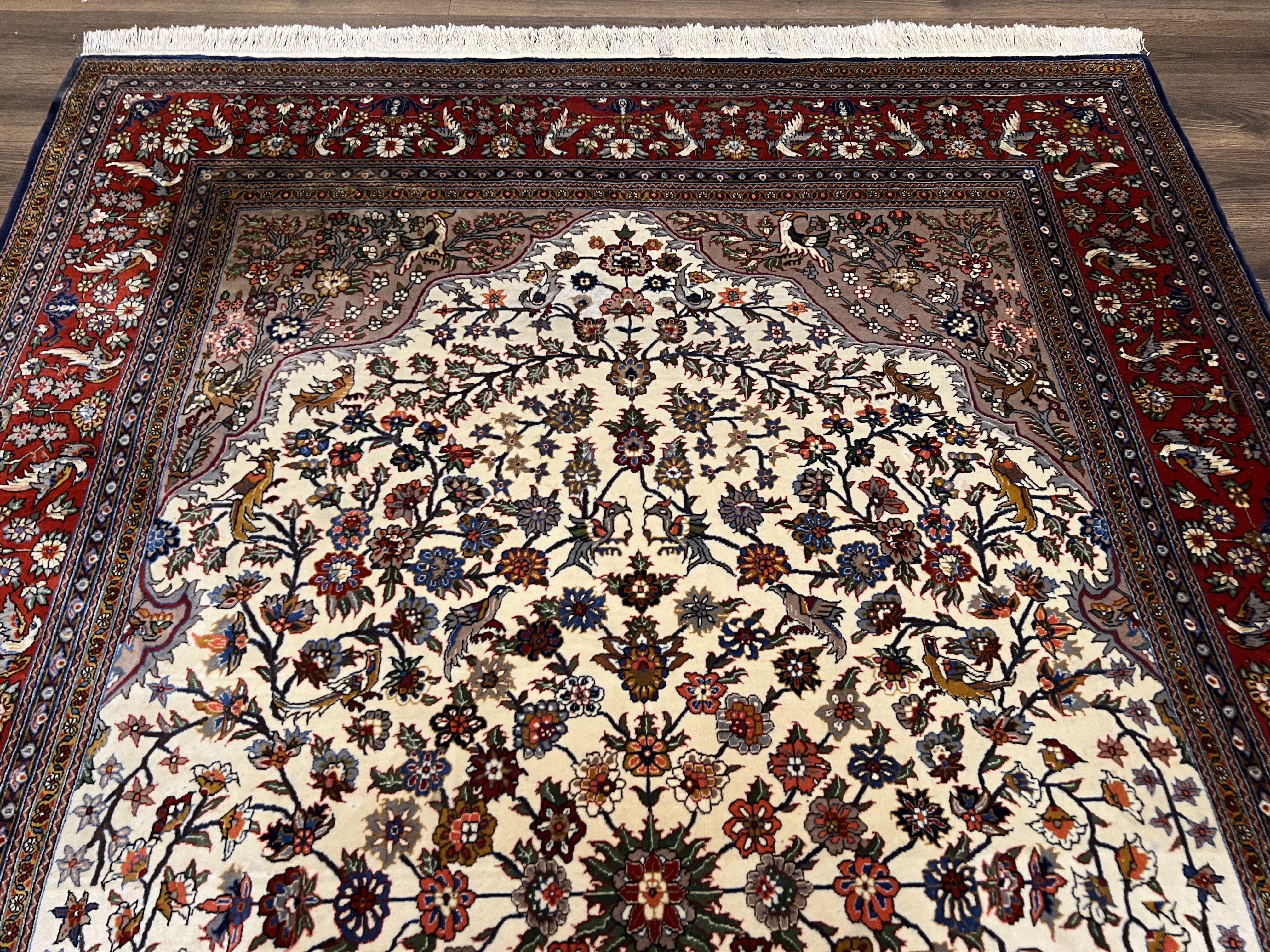 Beautiful Sino Persian Rug 7x10, Circle of Life Tree of Life Rug, Birds, Cream Red Navy Blue Taupe, Wool Silk Accents, Hand Knotted Vintage - Image 3