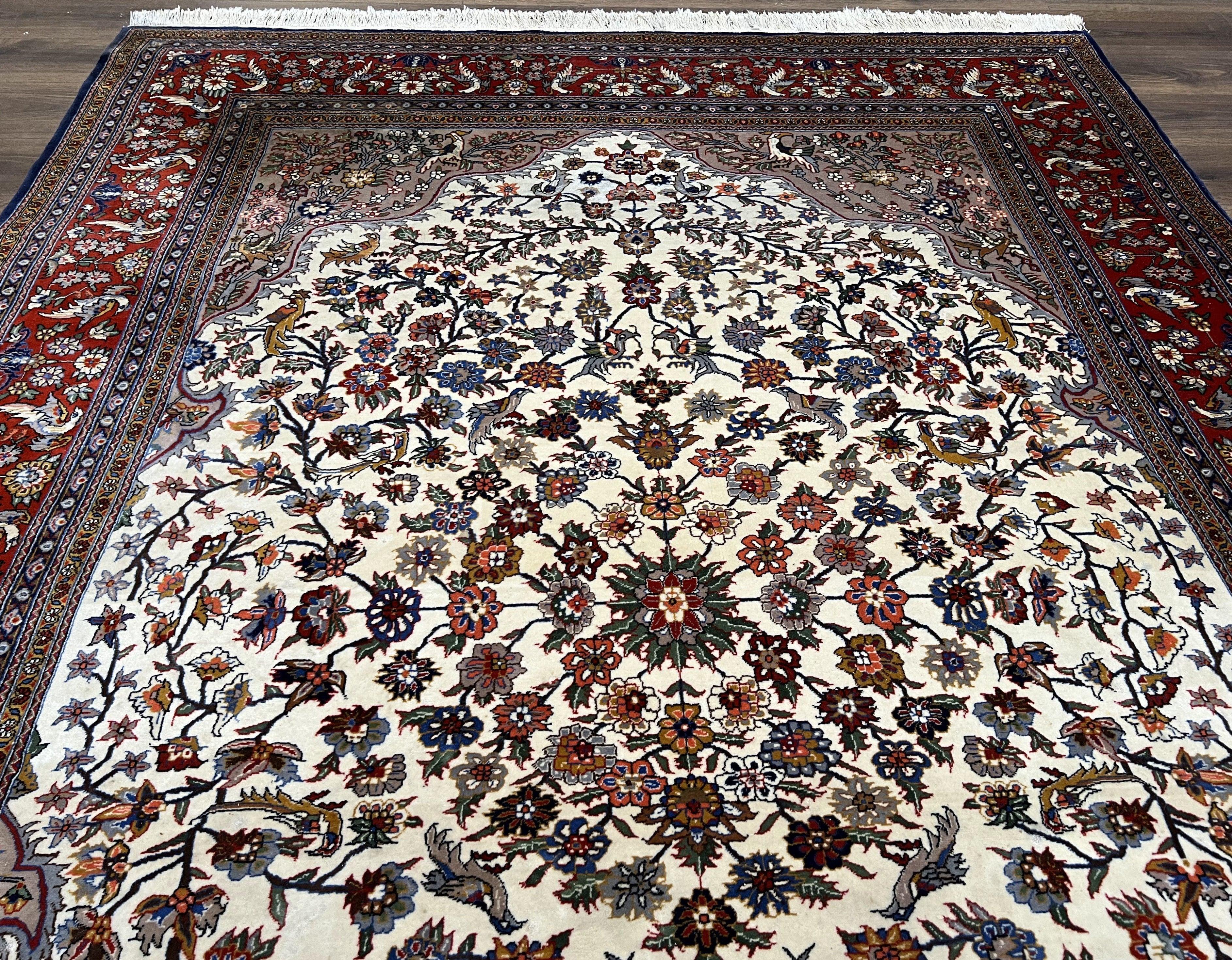 Beautiful Sino Persian Rug 7x10, Circle of Life Tree of Life Rug, Birds, Cream Red Navy Blue Taupe, Wool Silk Accents, Hand Knotted Vintage - Image 4