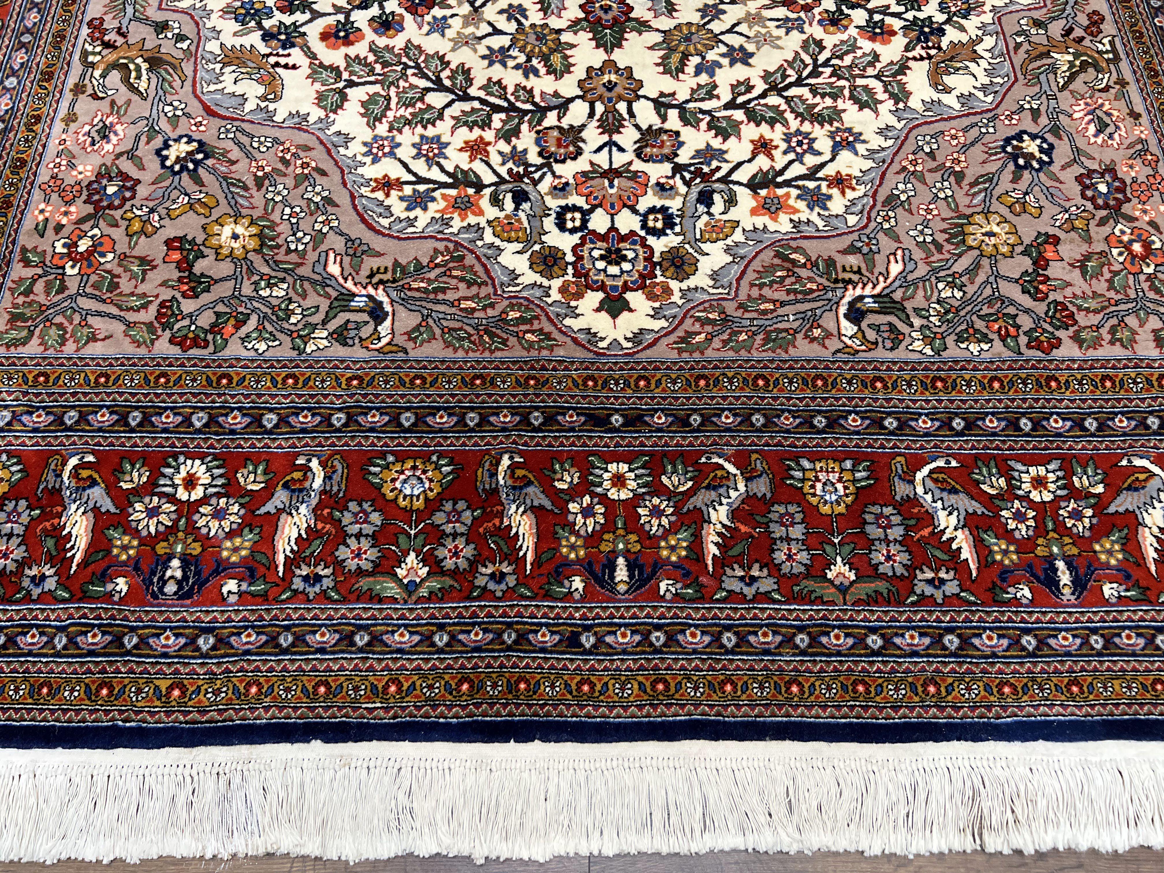 Beautiful Sino Persian Rug 7x10, Circle of Life Tree of Life Rug, Birds, Cream Red Navy Blue Taupe, Wool Silk Accents, Hand Knotted Vintage - Image 5