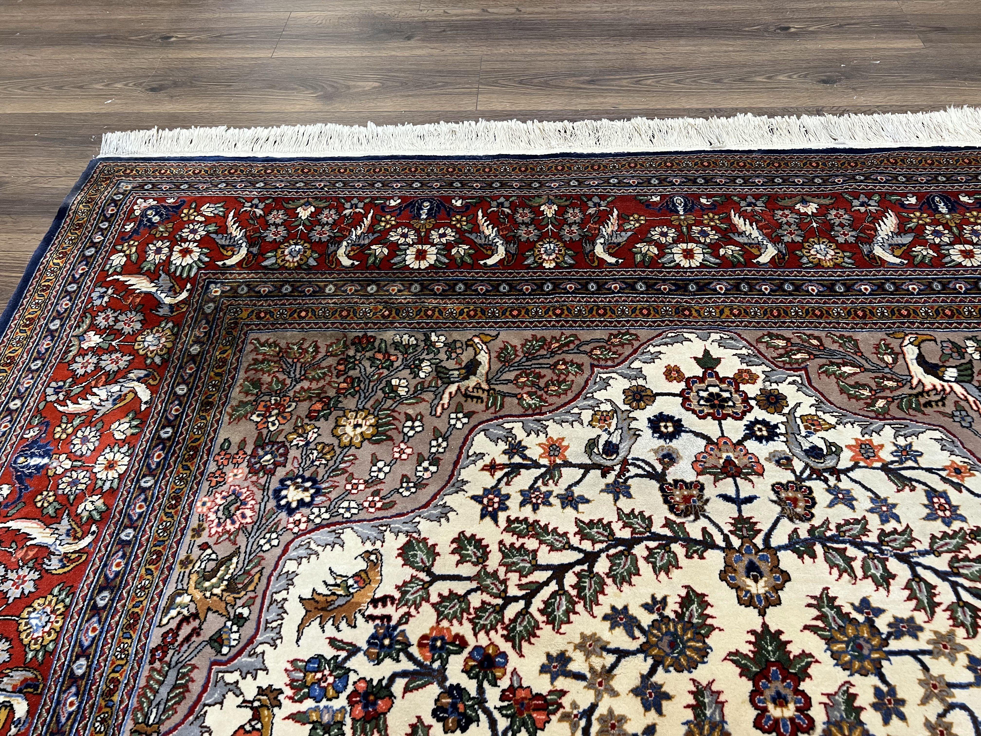 Beautiful Sino Persian Rug 7x10, Circle of Life Tree of Life Rug, Birds, Cream Red Navy Blue Taupe, Wool Silk Accents, Hand Knotted Vintage - Image 6