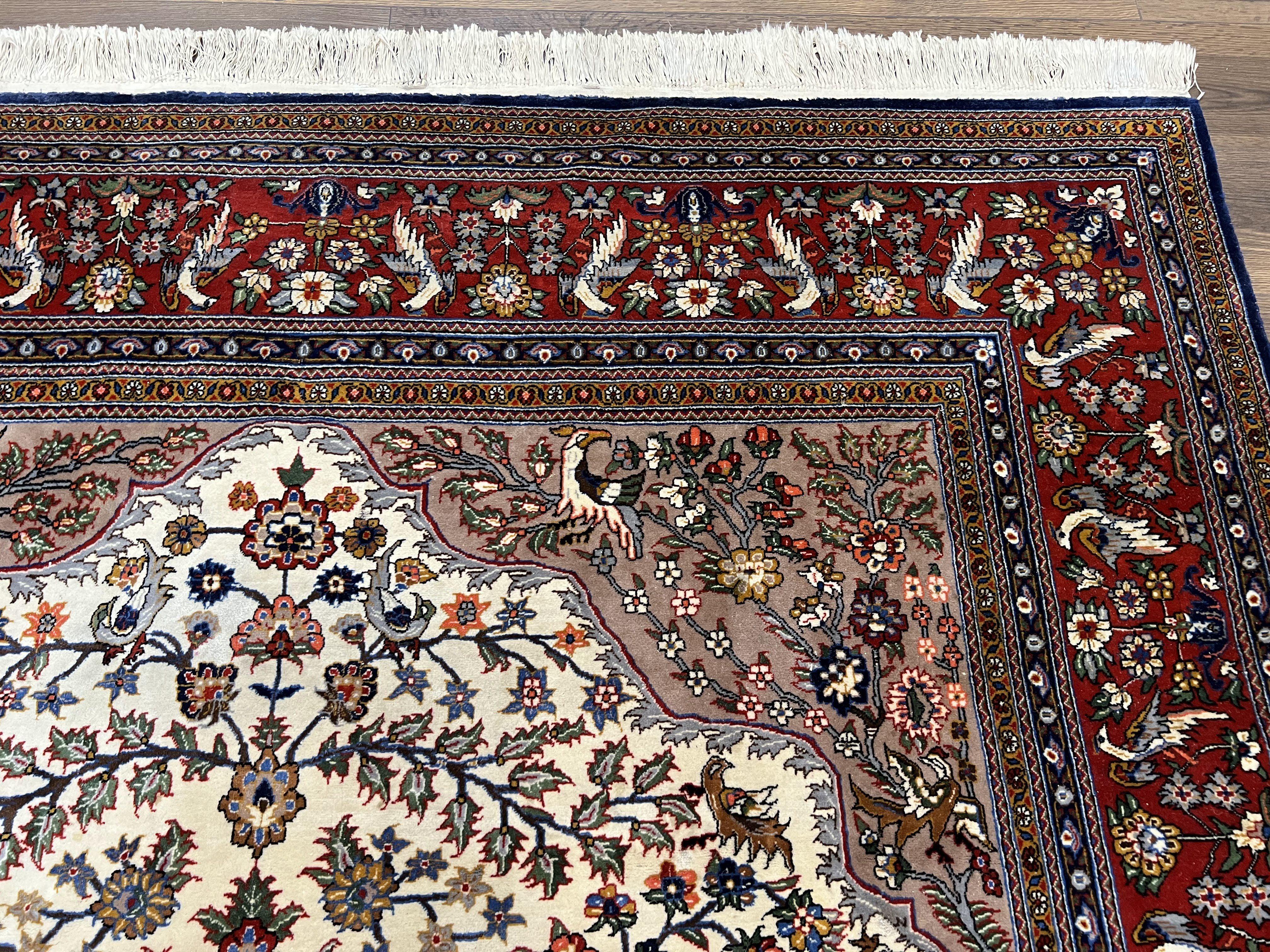 Beautiful Sino Persian Rug 7x10, Circle of Life Tree of Life Rug, Birds, Cream Red Navy Blue Taupe, Wool Silk Accents, Hand Knotted Vintage - Image 7