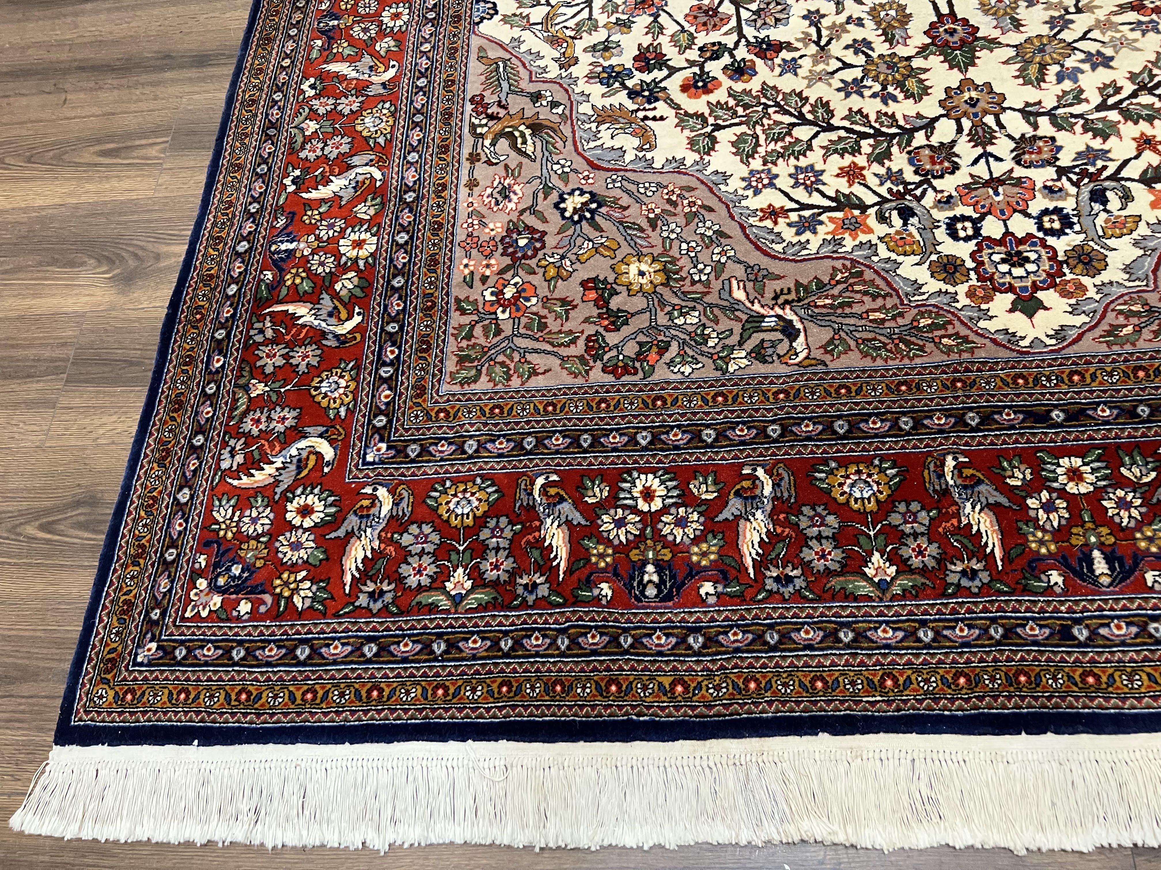 Beautiful Sino Persian Rug 7x10, Circle of Life Tree of Life Rug, Birds, Cream Red Navy Blue Taupe, Wool Silk Accents, Hand Knotted Vintage - Image 8