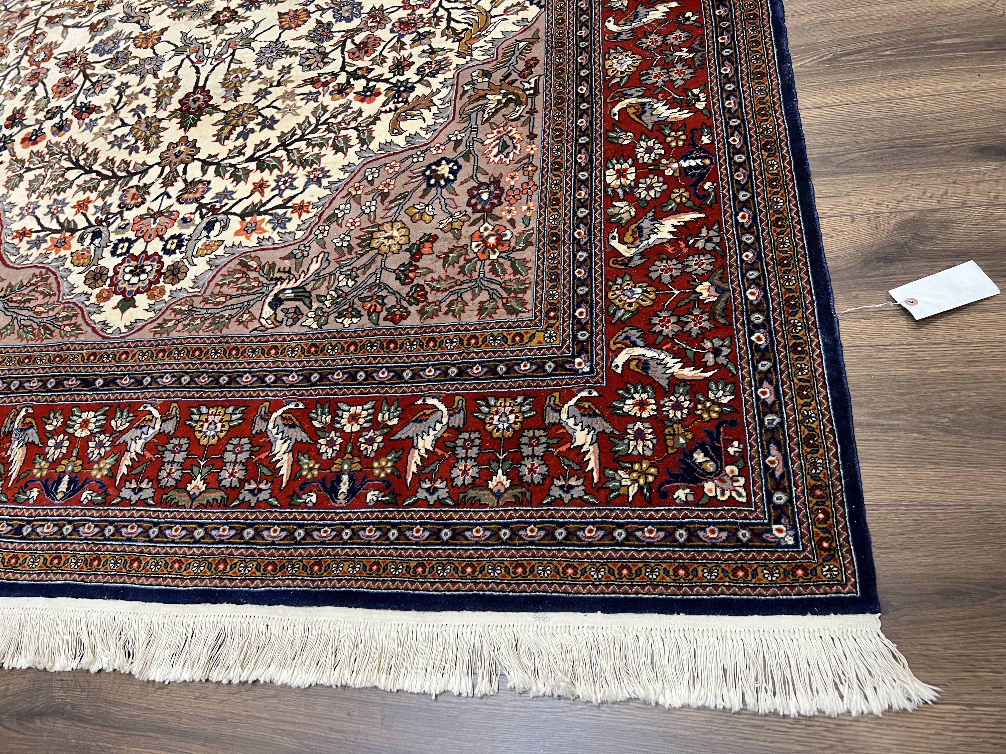 Beautiful Sino Persian Rug 7x10, Circle of Life Tree of Life Rug, Birds, Cream Red Navy Blue Taupe, Wool Silk Accents, Hand Knotted Vintage - Image 9