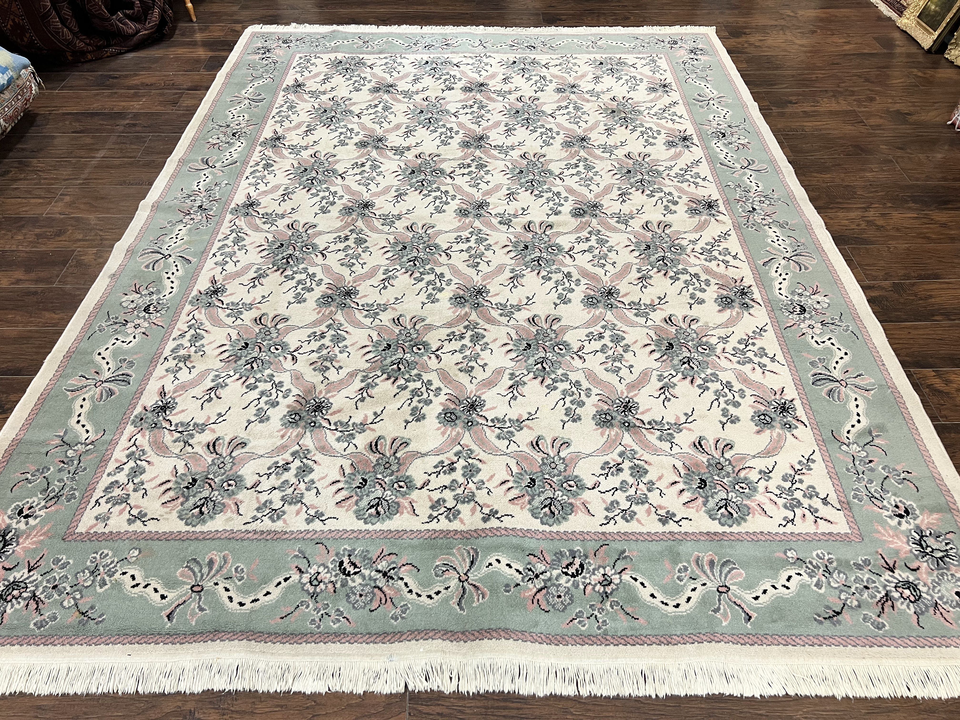 Belgium Power Loomed Rug 8x11, Ivory and Green, Wool Carpet, Floral - Image 14