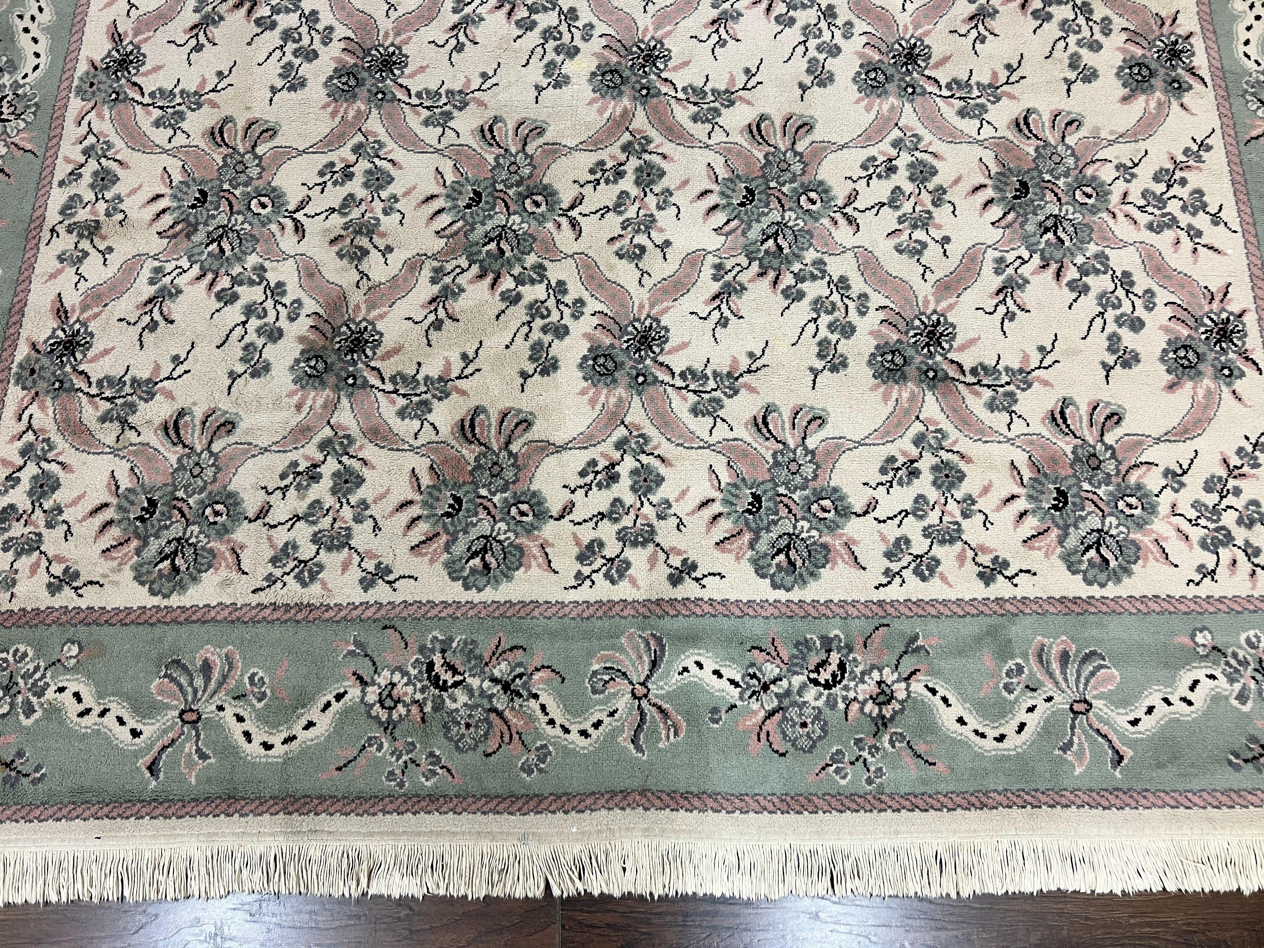 Belgium Power Loomed Rug 8x11, Ivory and Green, Wool Carpet, Floral - Image 5