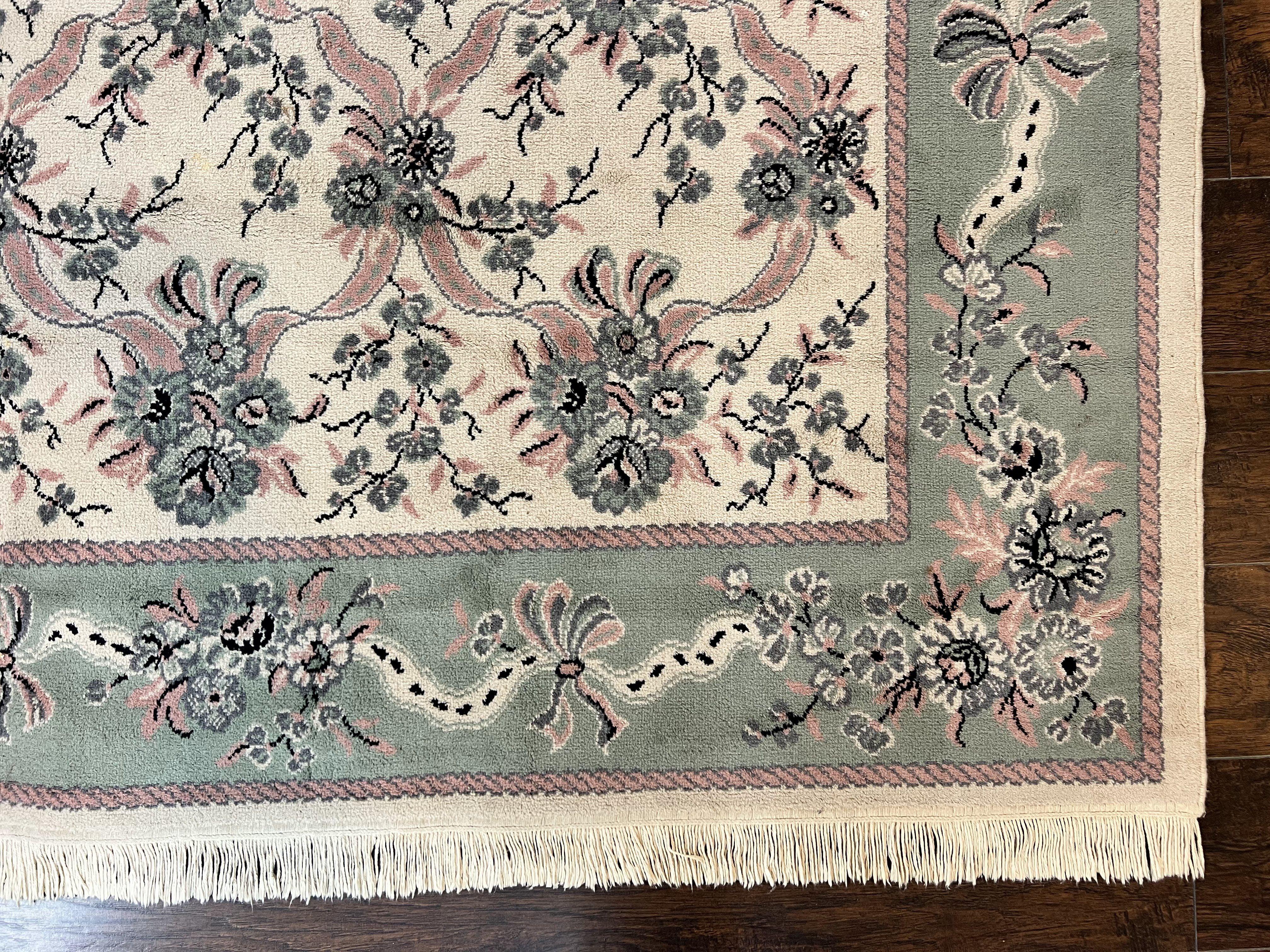 Belgium Power Loomed Rug 8x11, Ivory and Green, Wool Carpet, Floral - Image 9