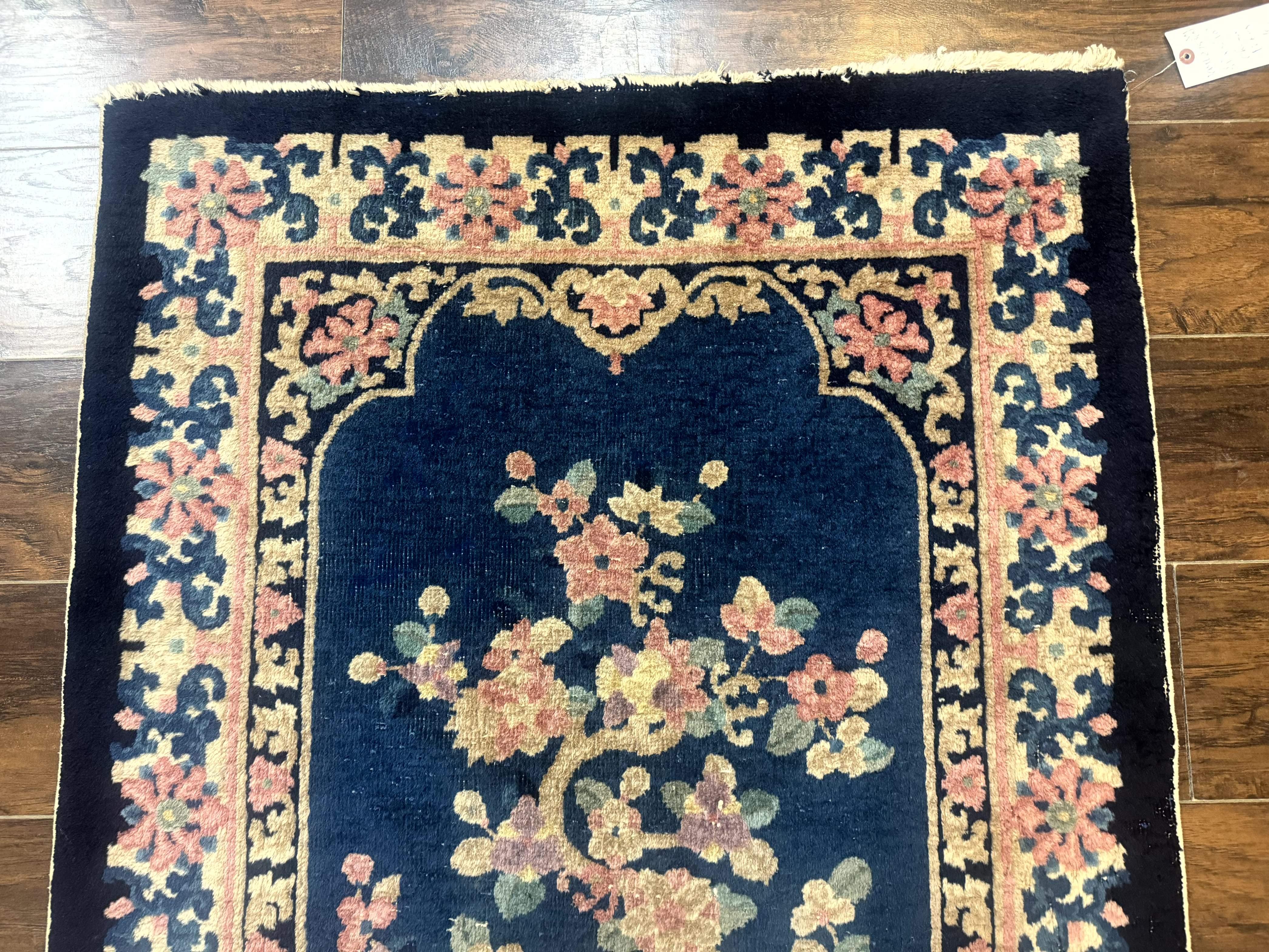 Blue and Beige Chinese Wool Rug 3x6, Chinese Fete Rug, Peking Rug, Antique Chinese Carpet - Image 3