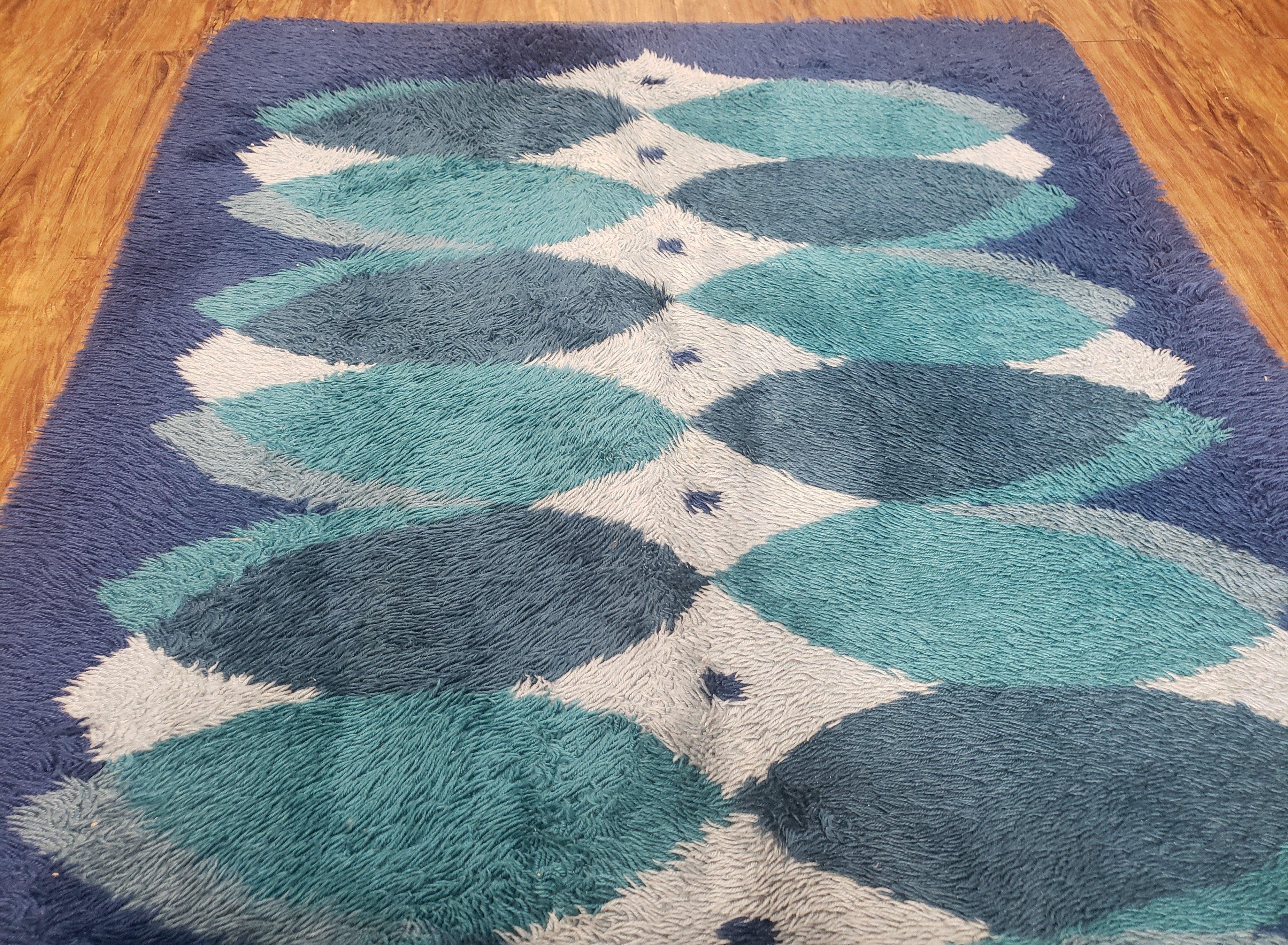 Blue Rya Rug, 1960s Mid-Century Modern Danish Shag Rug 4'6" x 6'7", Ege Rya, Abstract - Image 12