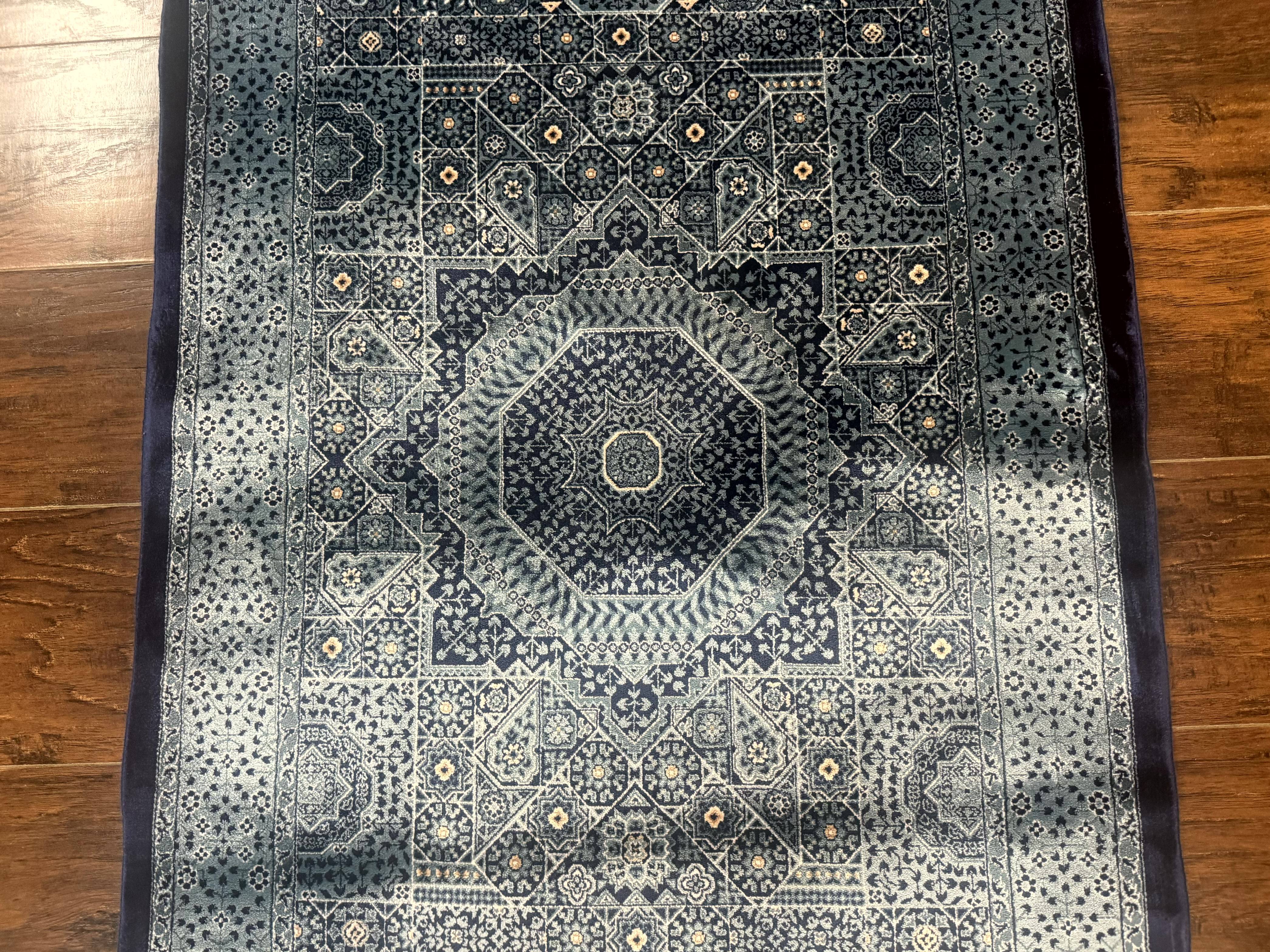 Blue Turkish Silk Hereke Rug 2.6 x 4, Mamluk Red, Blue, Bamboo Silk - Image 4