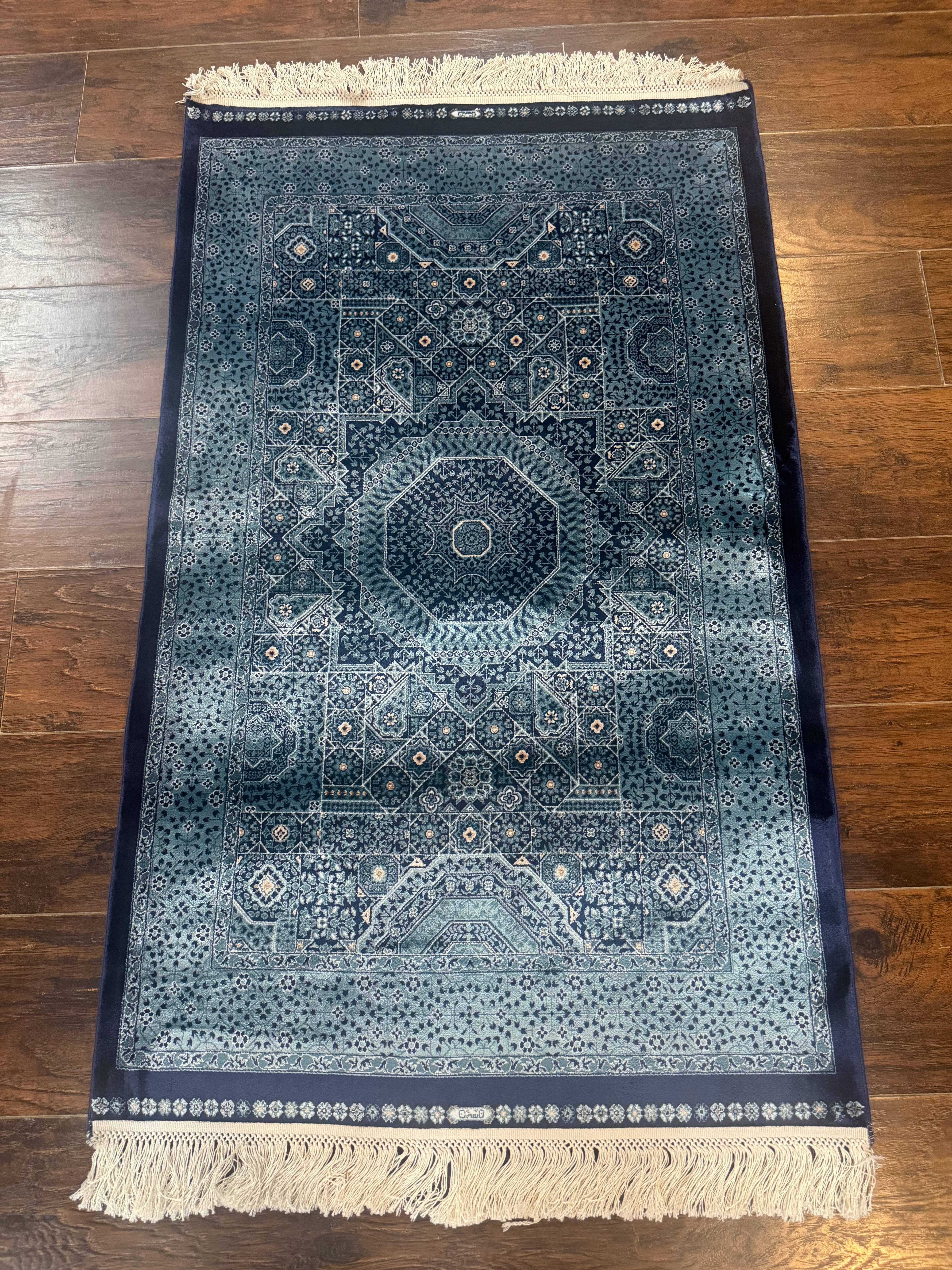 Blue Turkish Silk Hereke Rug 2.6 x 4, Mamluk Red, Blue, Bamboo Silk - Image 6
