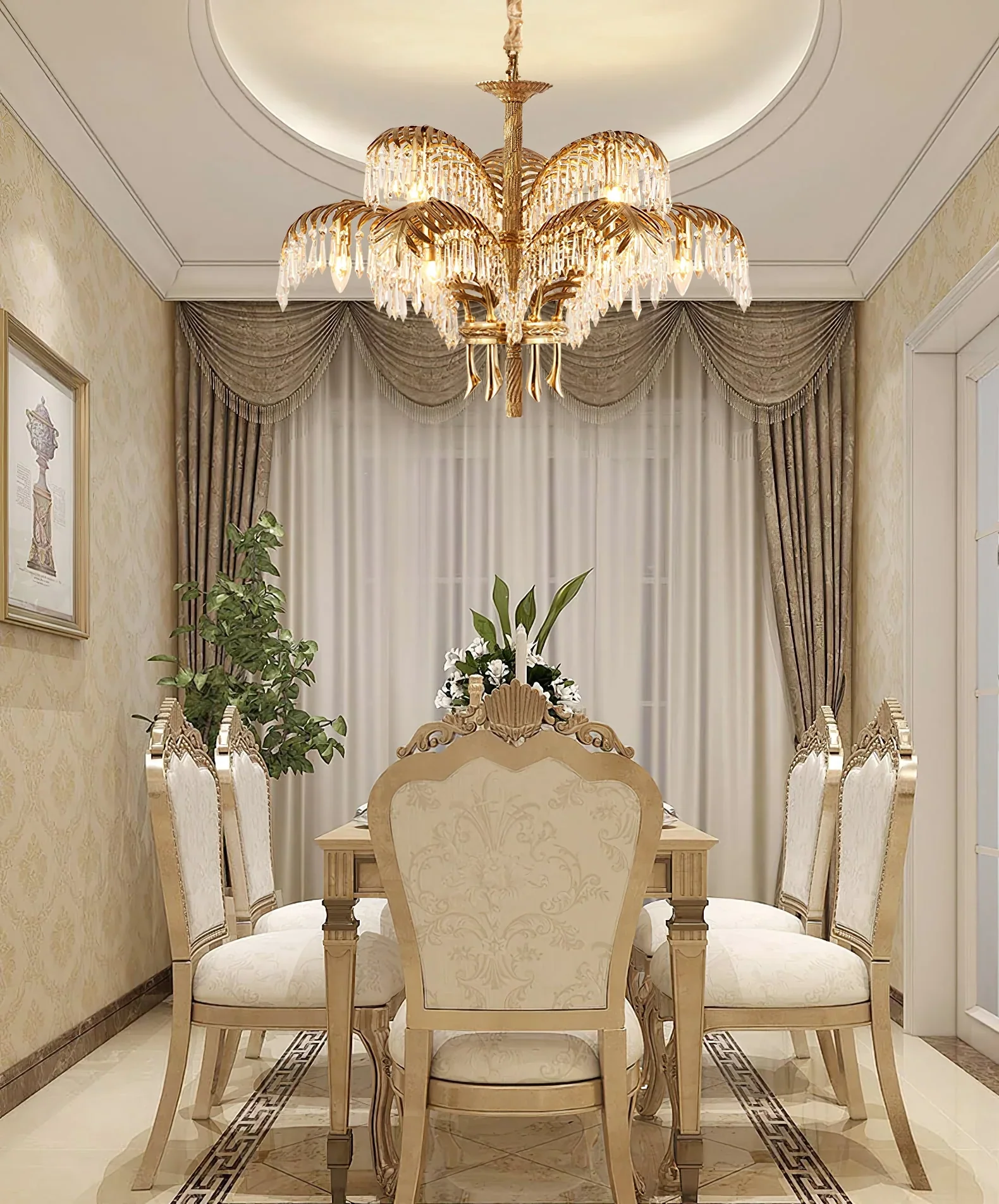Brass Palm Leaf Crystal Chandelier - Image 15