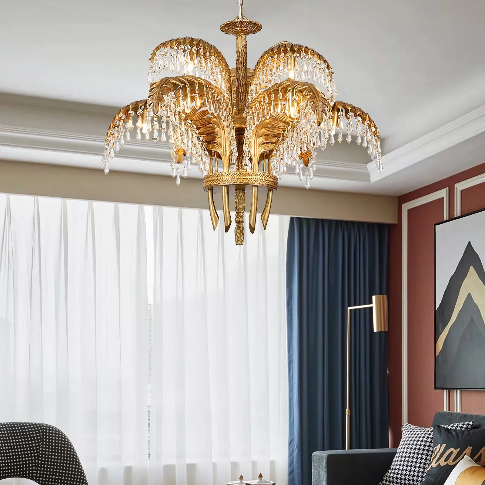 Brass Palm Leaf Crystal Chandelier - Image 9