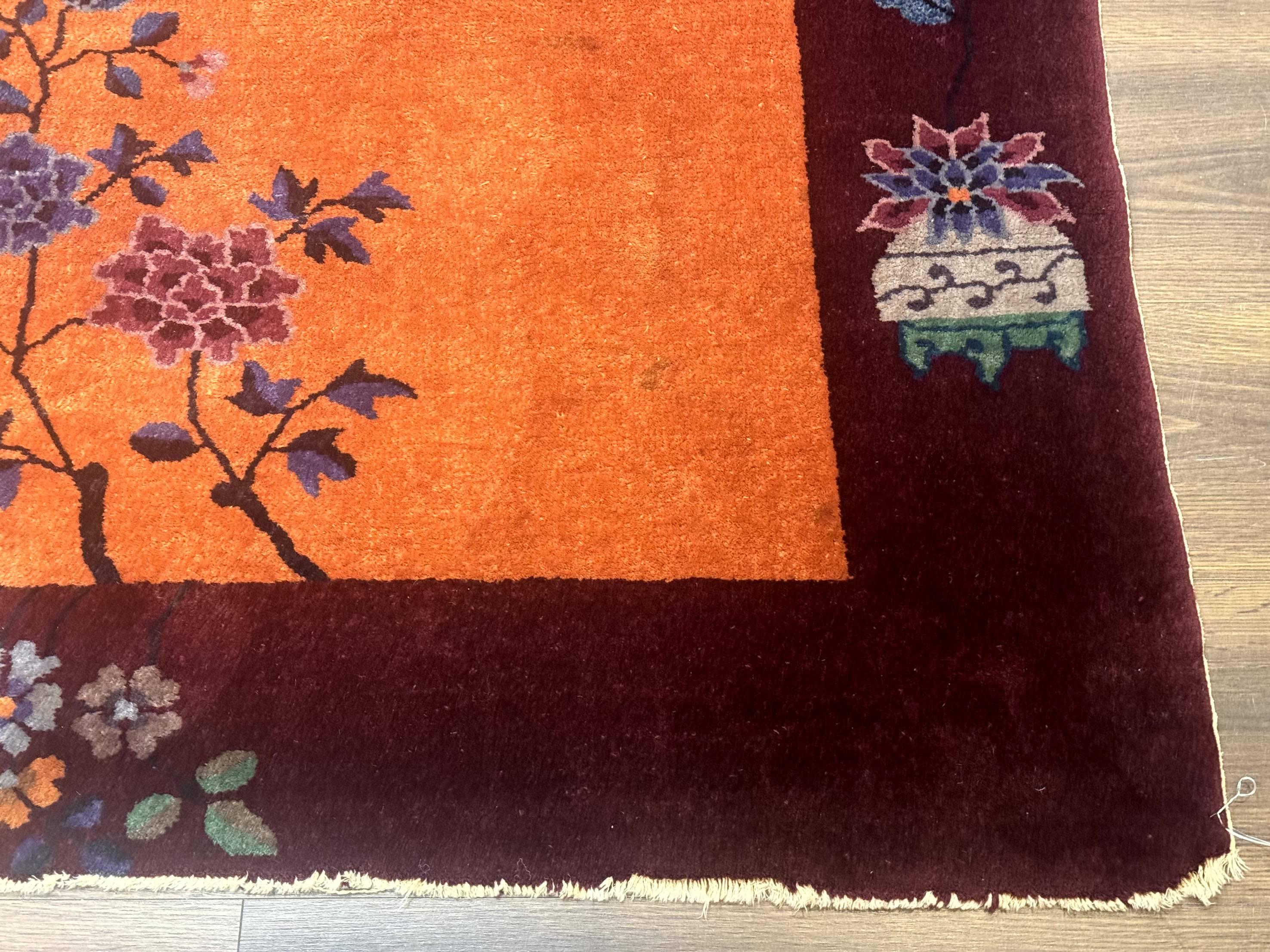 Chinese Art Deco Rug 5x8, Antique Chinese Wool Rug, Nichols Rug, Rare Chinese Carpet, Orange and Purple-Maroon - Image 9