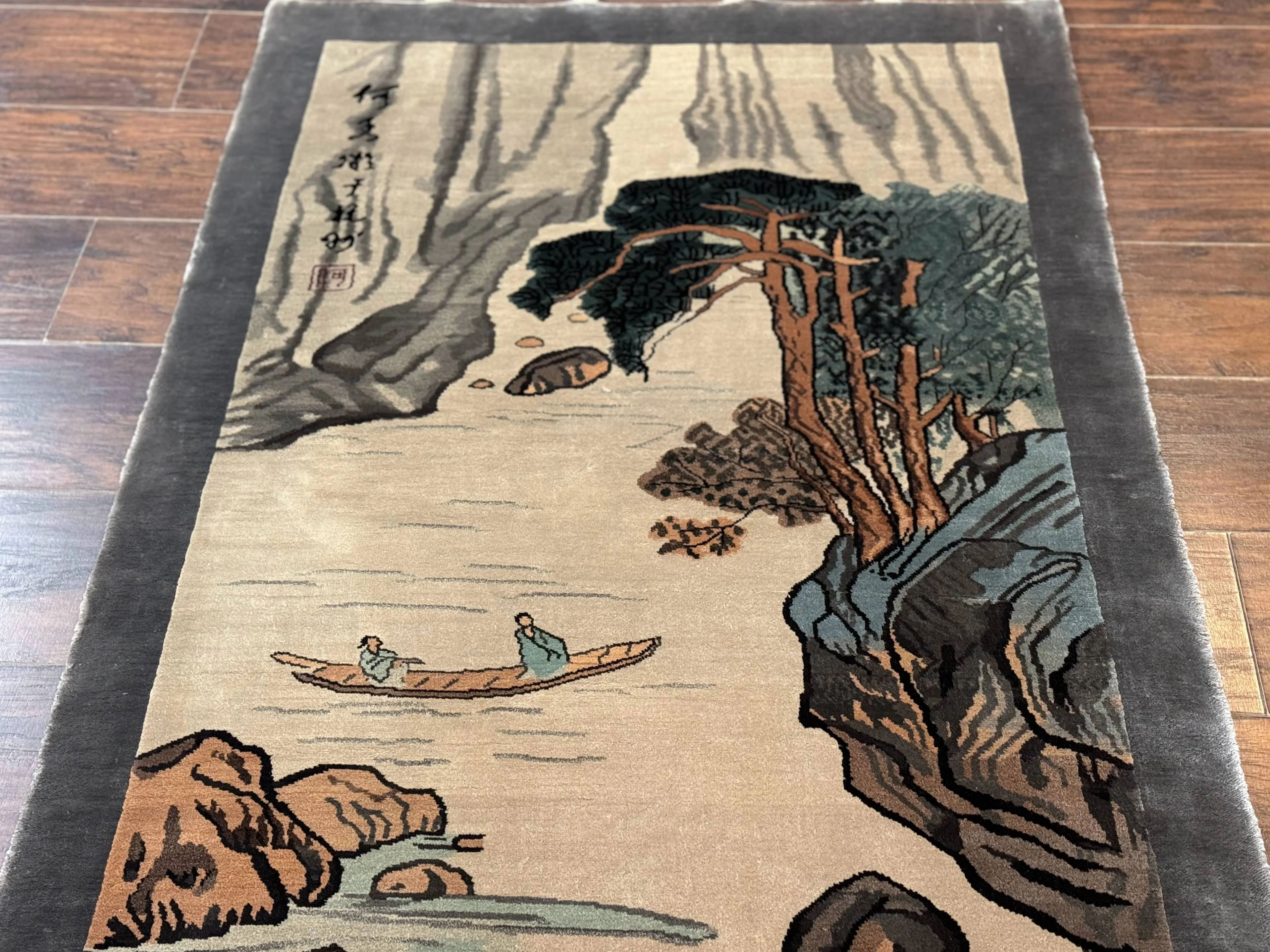 Chinese Silk Wall Hanging 3x5, Handmade, River and Boat Scene, Rug Tapestry - Image 7