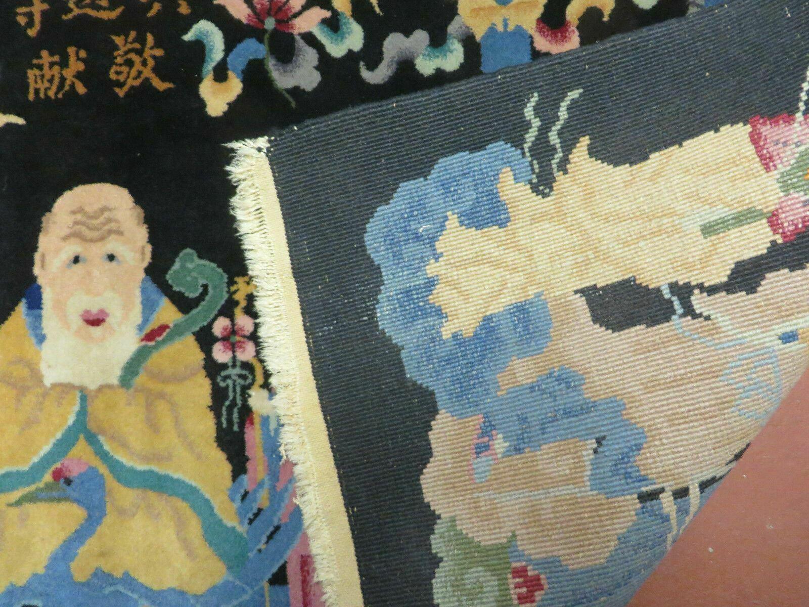 Chinese Wool Pictorial Rug 3x6 Counsel of Wise Elders Philosophers, Vintage Hand Knotted Black Chinese Carpet, Swan, Clouds Confucius, Rare - Image 10