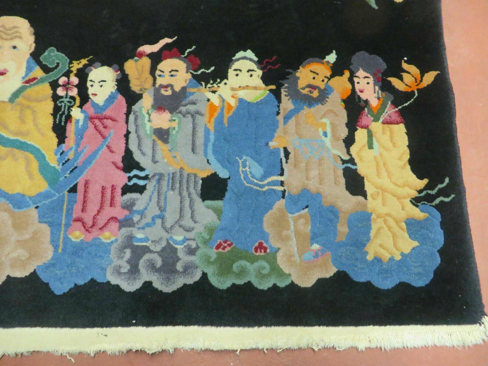 Chinese Wool Pictorial Rug 3x6 Counsel of Wise Elders Philosophers, Vintage Hand Knotted Black Chinese Carpet, Swan, Clouds Confucius, Rare - Image 11