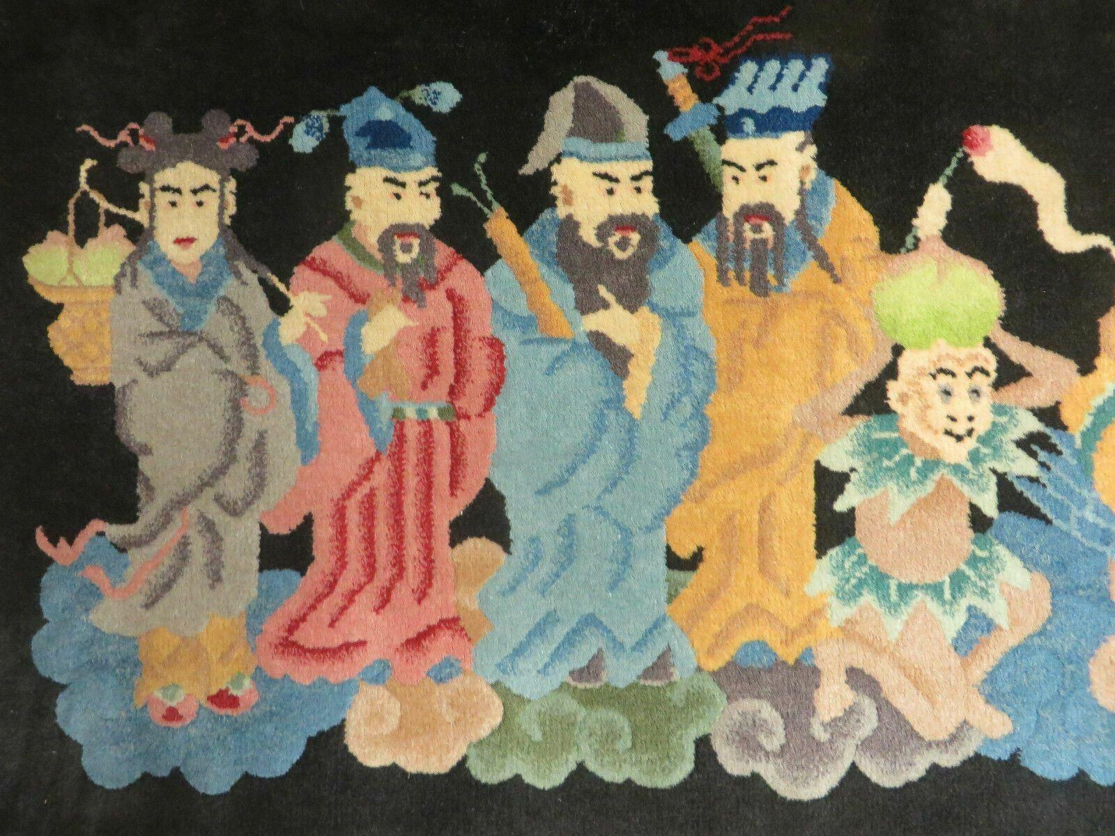 Chinese Wool Pictorial Rug 3x6 Counsel of Wise Elders Philosophers, Vintage Hand Knotted Black Chinese Carpet, Swan, Clouds Confucius, Rare - Image 6