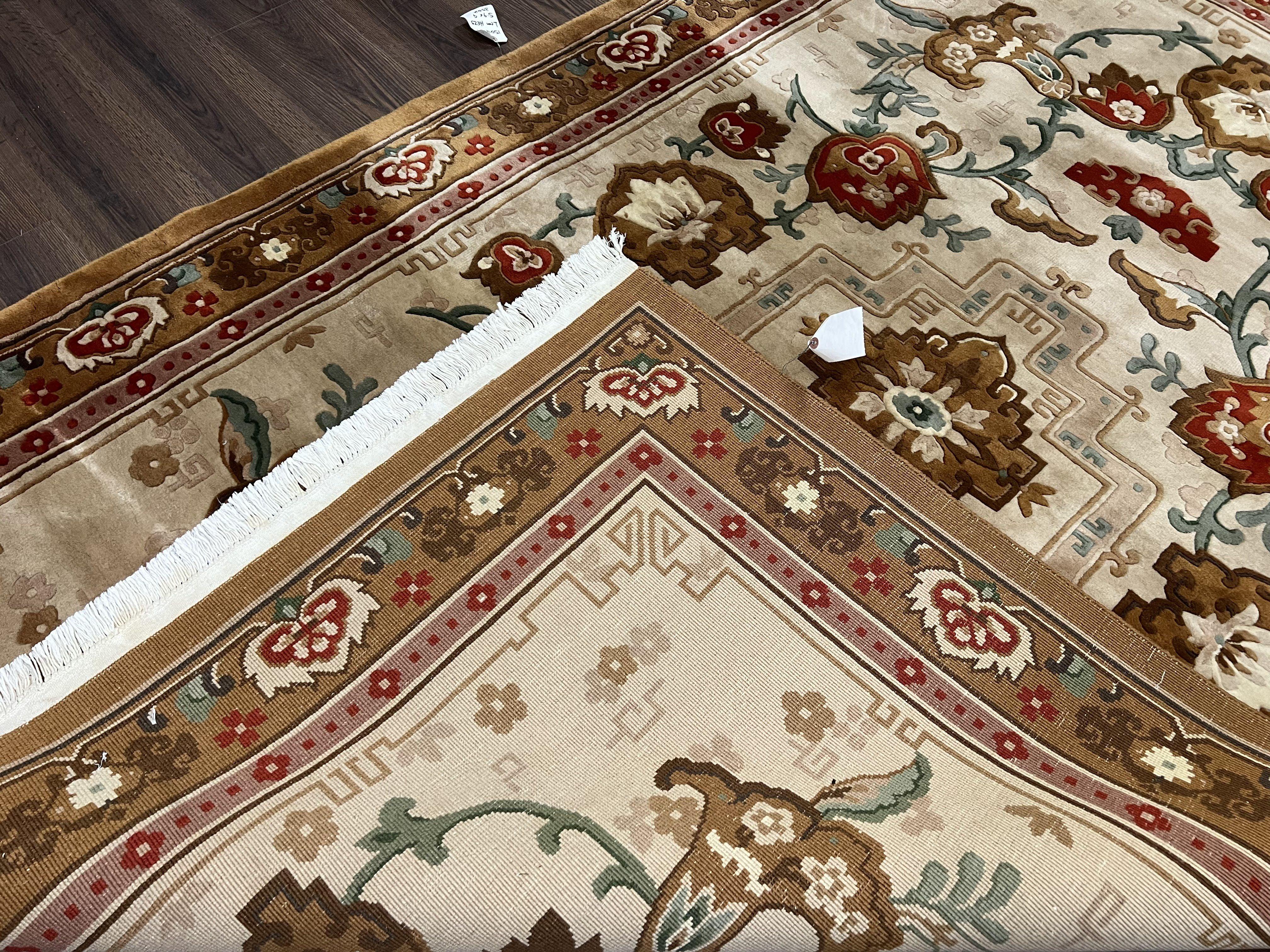 Chinese Wool Rug 5.9 x 9, Tan and Brown Asian Art Deco Carpet, Vintage 1960s Oriental Rug, Hand-Knotted Rug, Soft Wool, Medallion, Pair B - Image 10