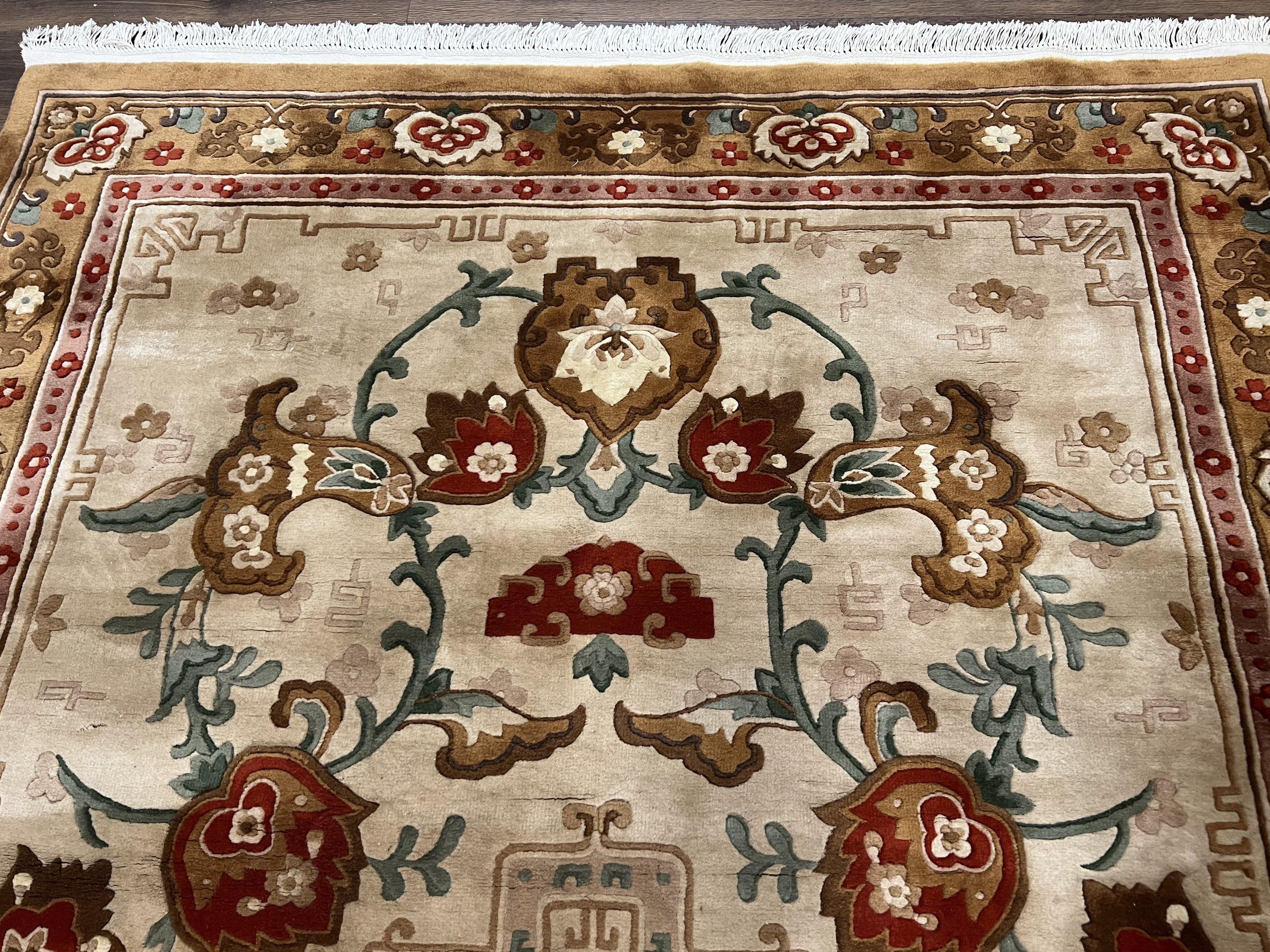 Chinese Wool Rug 5.9 x 9, Tan and Brown Asian Art Deco Carpet, Vintage 1960s Oriental Rug, Hand-Knotted Rug, Soft Wool, Medallion, Pair B - Image 11