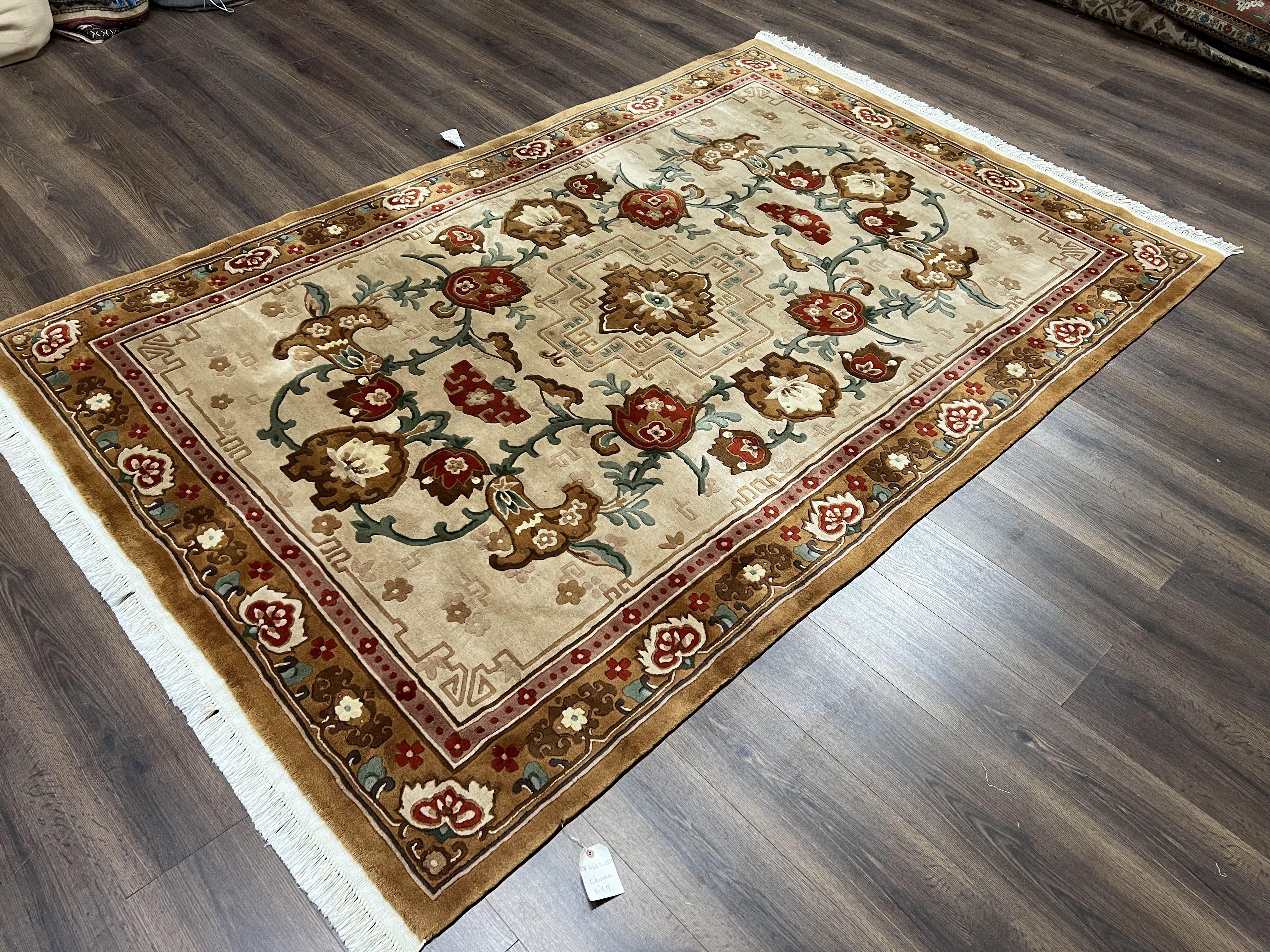 Chinese Wool Rug 5.9 x 9, Tan and Brown Asian Art Deco Carpet, Vintage 1960s Oriental Rug, Hand-Knotted Rug, Soft Wool, Medallion, Pair B - Image 12