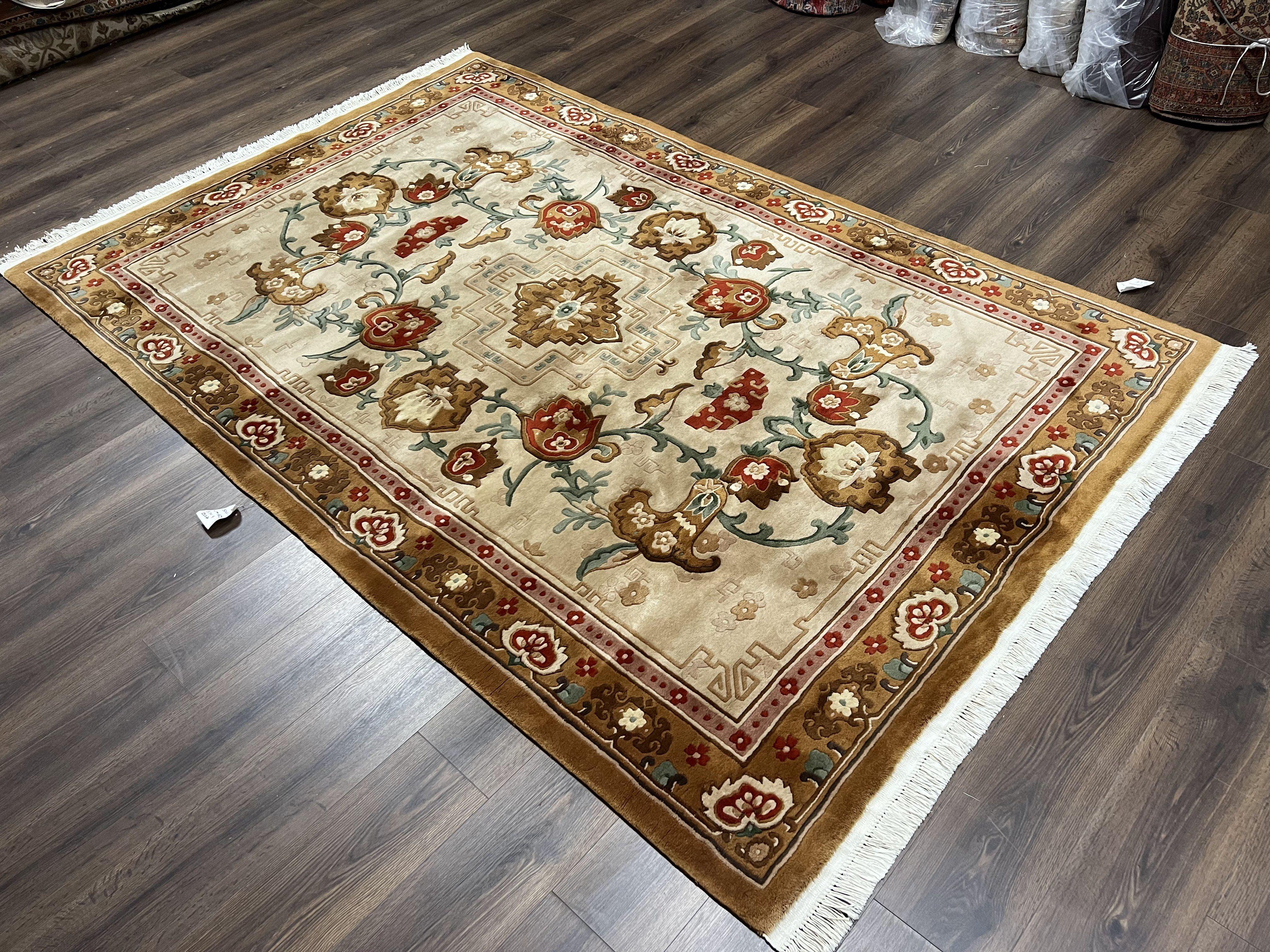 Chinese Wool Rug 5.9 x 9, Tan and Brown Asian Art Deco Carpet, Vintage 1960s Oriental Rug, Hand-Knotted Rug, Soft Wool, Medallion, Pair B - Image 2