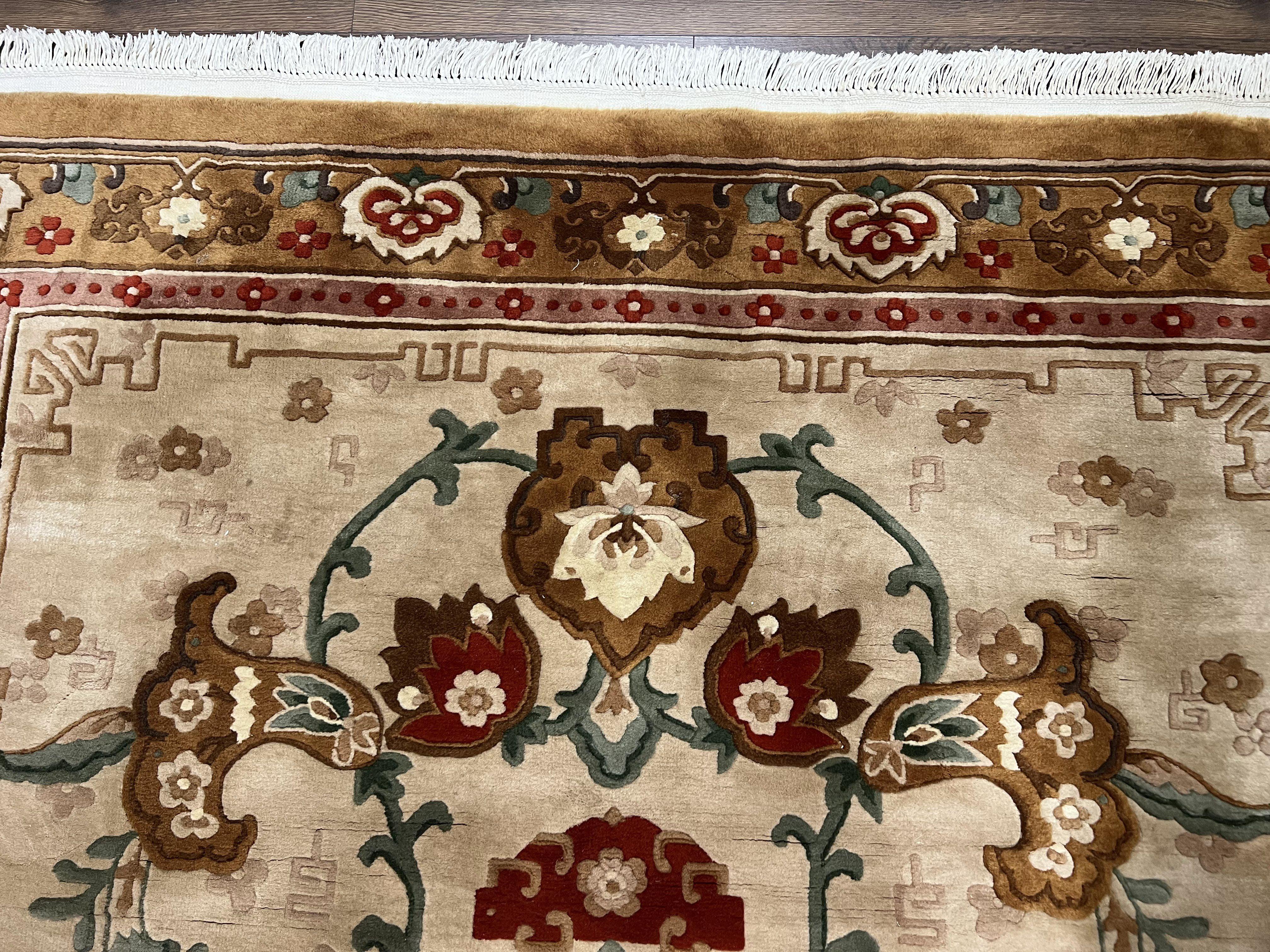 Chinese Wool Rug 5.9 x 9, Tan and Brown Asian Art Deco Carpet, Vintage 1960s Oriental Rug, Hand-Knotted Rug, Soft Wool, Medallion, Pair B - Image 3