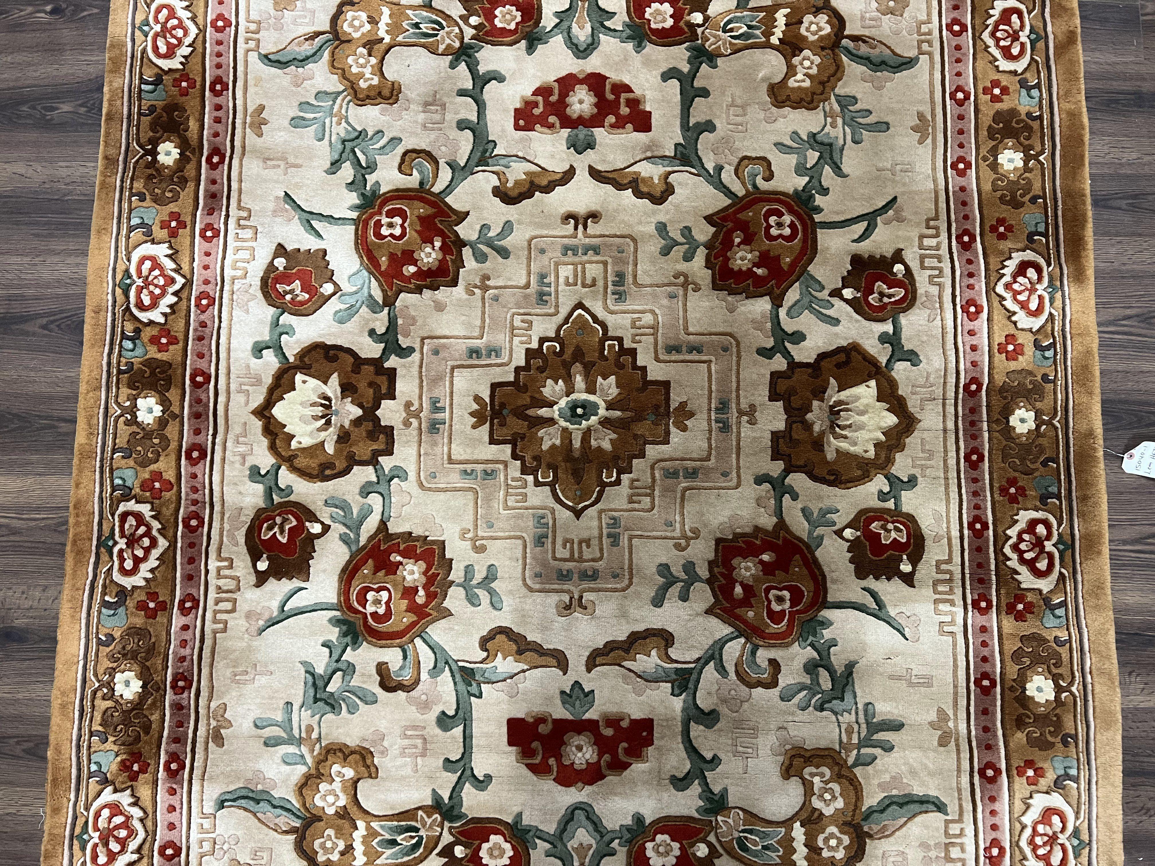 Chinese Wool Rug 5.9 x 9, Tan and Brown Asian Art Deco Carpet, Vintage 1960s Oriental Rug, Hand-Knotted Rug, Soft Wool, Medallion, Pair B - Image 4