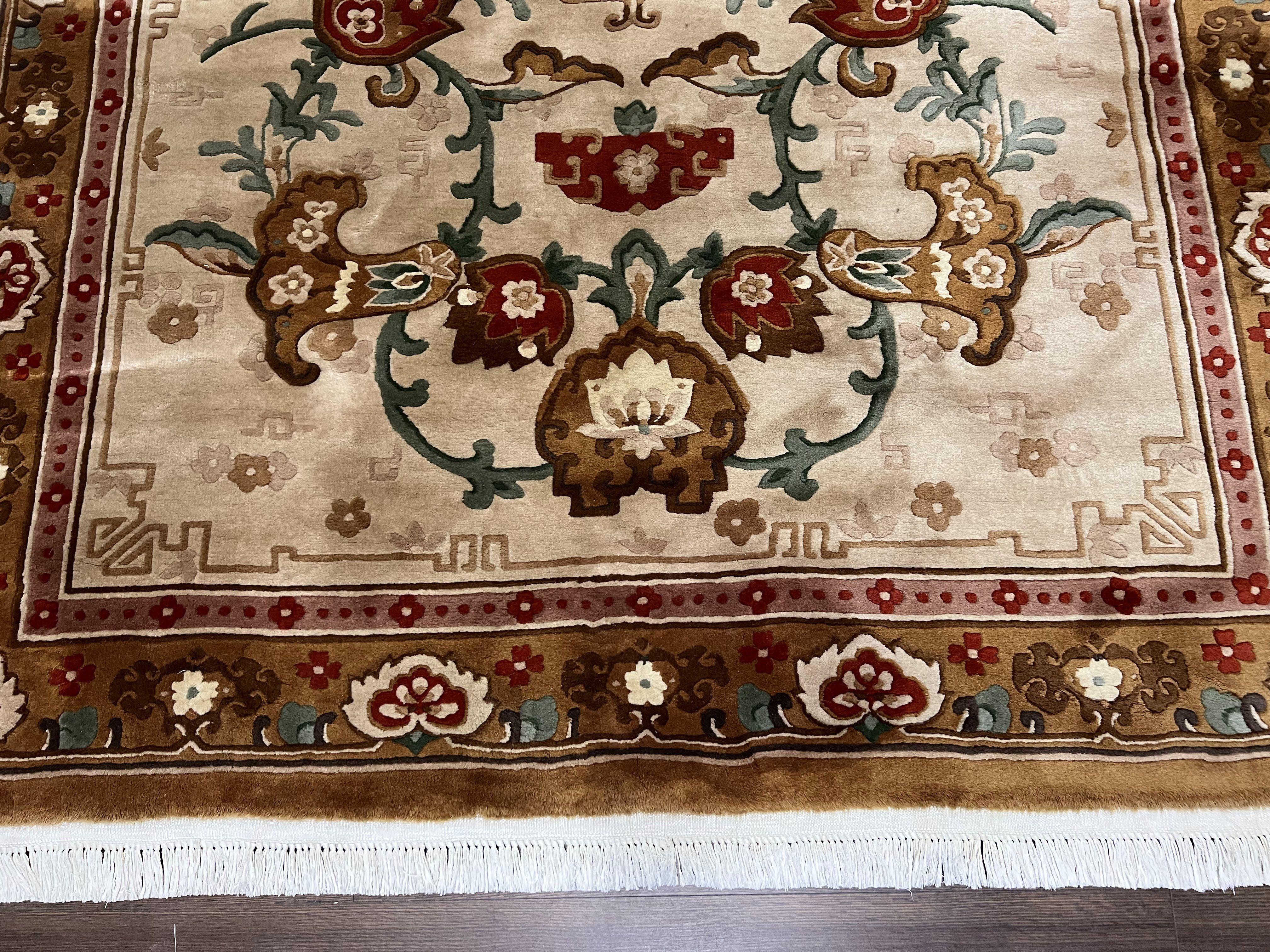Chinese Wool Rug 5.9 x 9, Tan and Brown Asian Art Deco Carpet, Vintage 1960s Oriental Rug, Hand-Knotted Rug, Soft Wool, Medallion, Pair B - Image 5