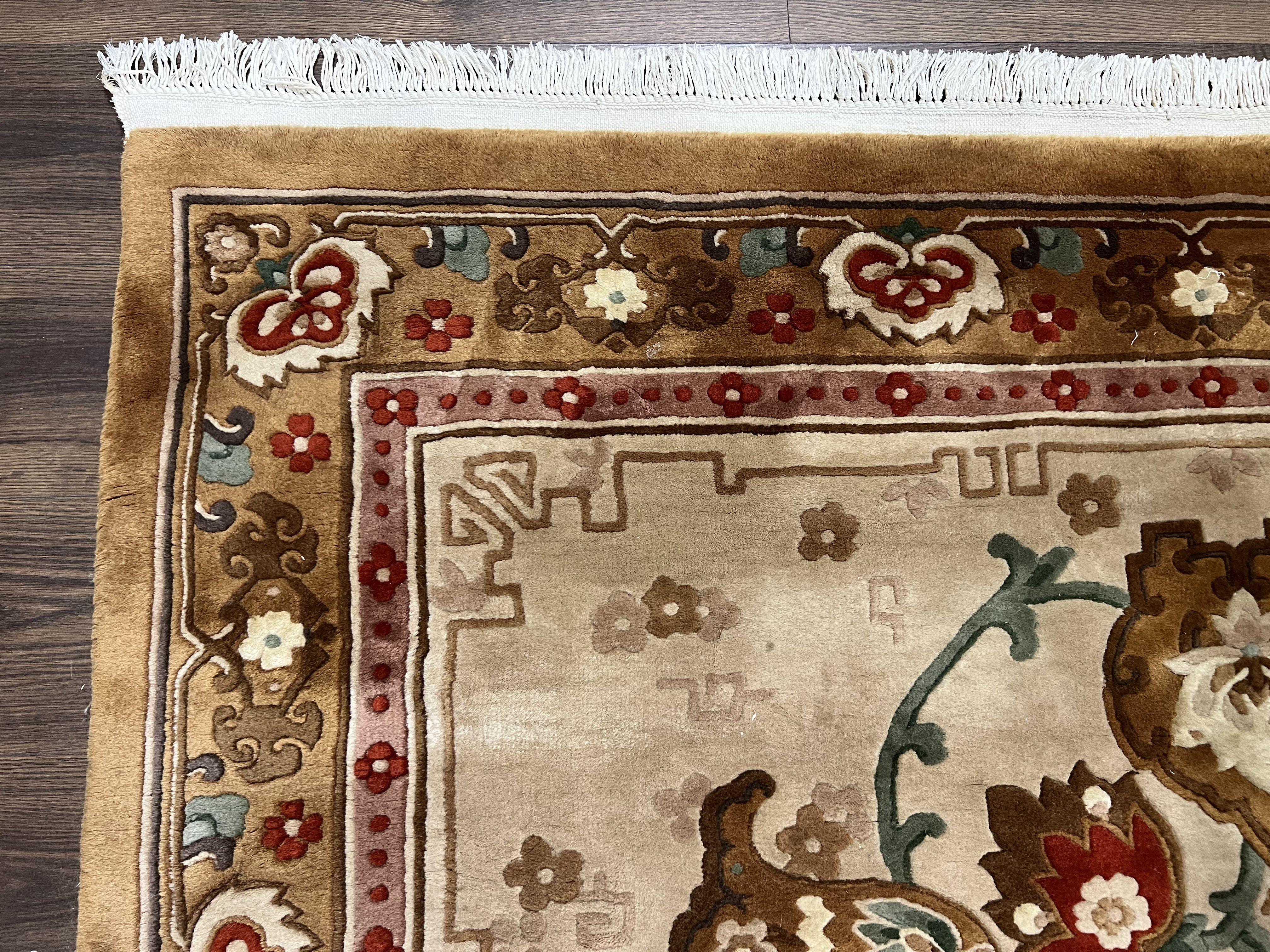 Chinese Wool Rug 5.9 x 9, Tan and Brown Asian Art Deco Carpet, Vintage 1960s Oriental Rug, Hand-Knotted Rug, Soft Wool, Medallion, Pair B - Image 6