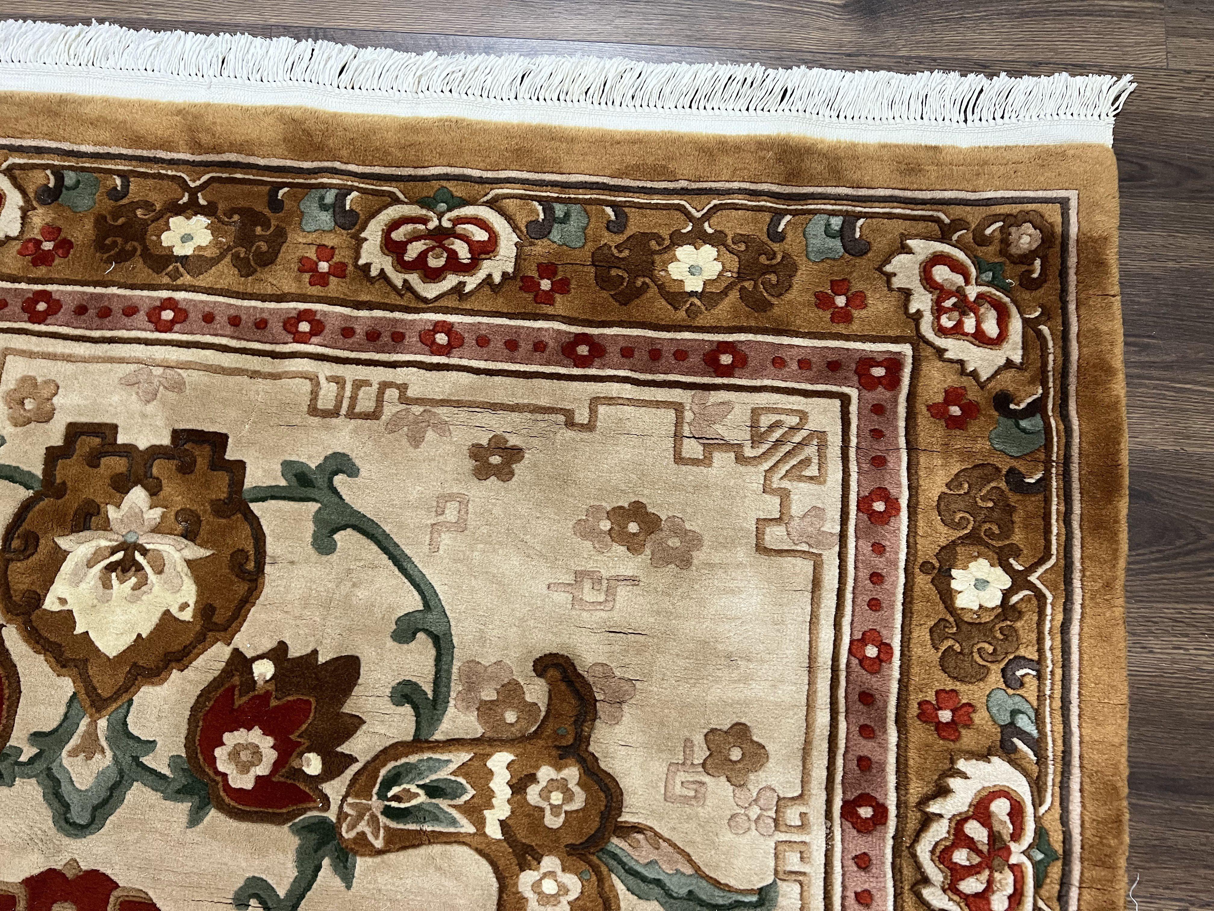 Chinese Wool Rug 5.9 x 9, Tan and Brown Asian Art Deco Carpet, Vintage 1960s Oriental Rug, Hand-Knotted Rug, Soft Wool, Medallion, Pair B - Image 7