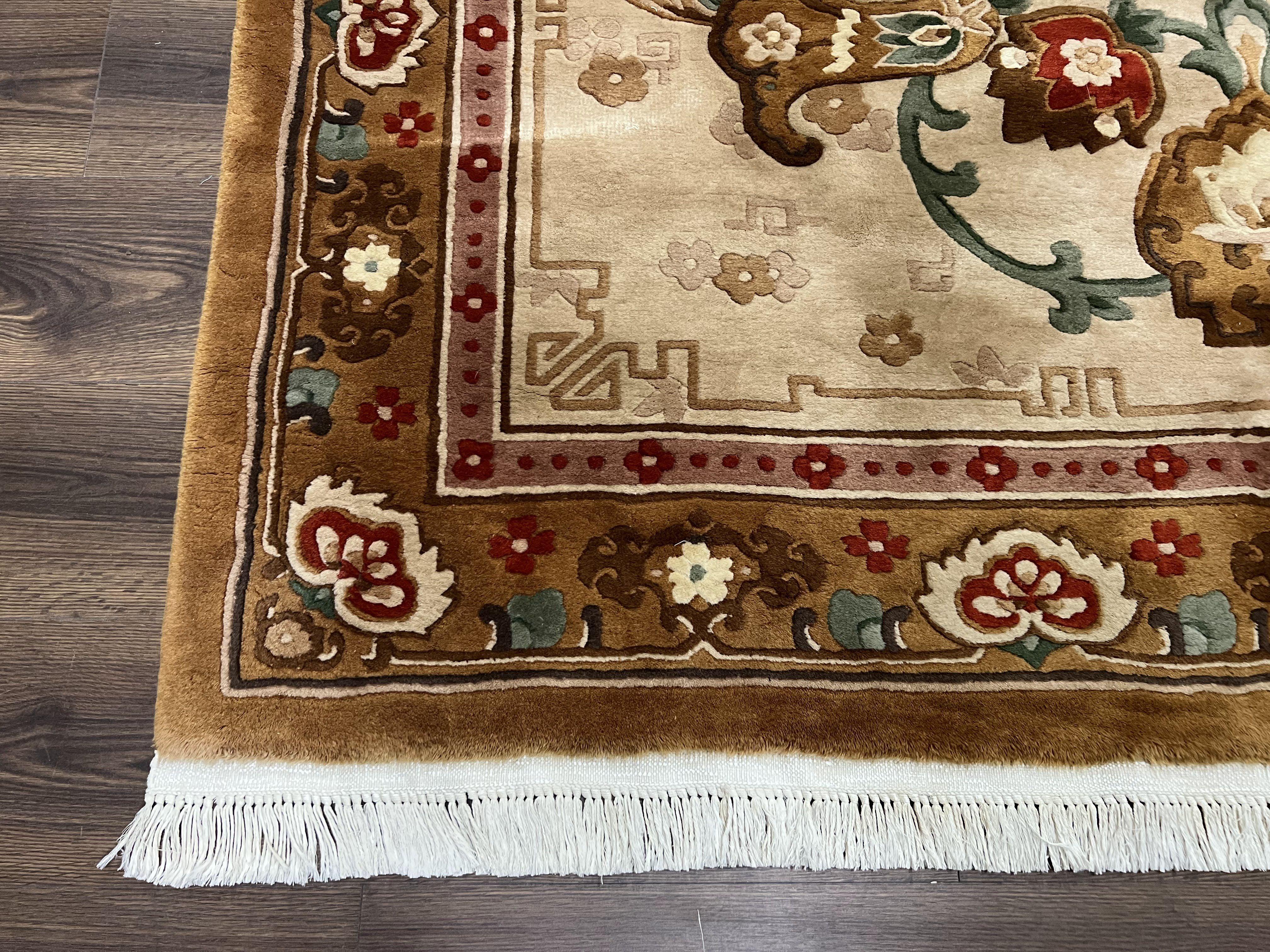 Chinese Wool Rug 5.9 x 9, Tan and Brown Asian Art Deco Carpet, Vintage 1960s Oriental Rug, Hand-Knotted Rug, Soft Wool, Medallion, Pair B - Image 8