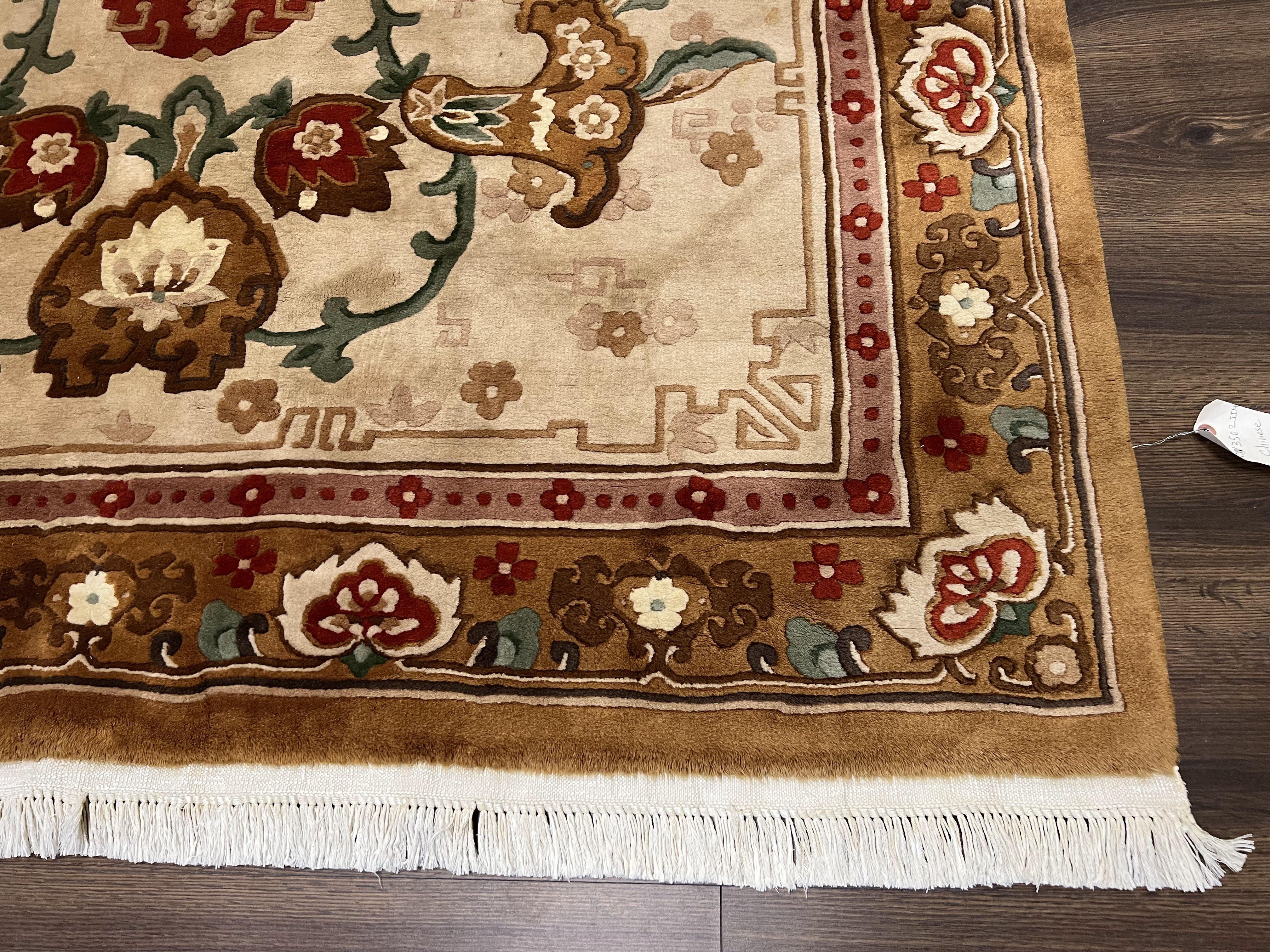 Chinese Wool Rug 5.9 x 9, Tan and Brown Asian Art Deco Carpet, Vintage 1960s Oriental Rug, Hand-Knotted Rug, Soft Wool, Medallion, Pair B - Image 9