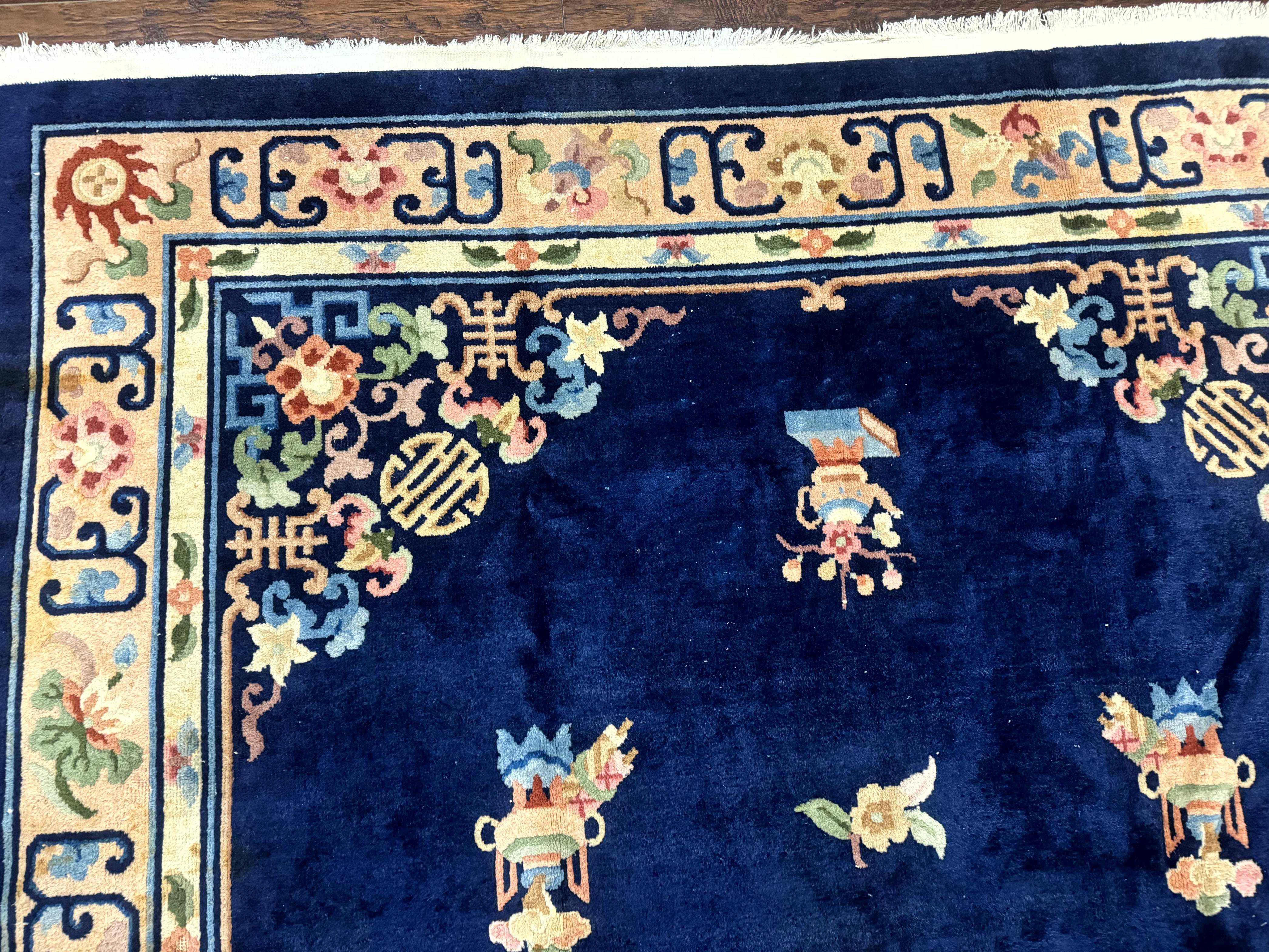 Chinese Wool Rug 8x11, Navy Blue and Beige, Simple Design, Fete Carpet - Image 6