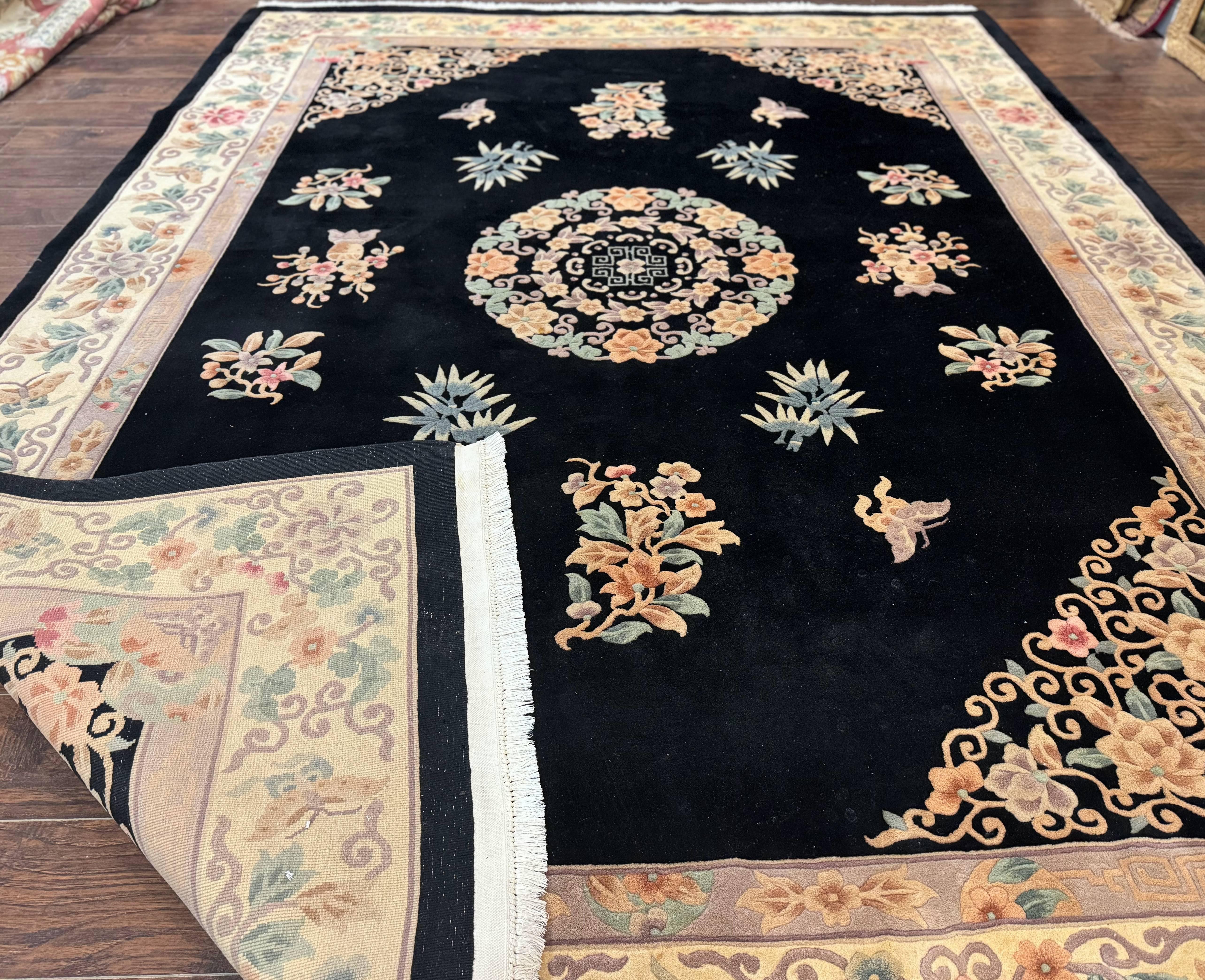 Chinese Wool Rug 9x12, Chinese Carving Carpet, Floral Medallion, Black and Beige, Butterflies, Vintage Asian Oriental Rug, 90 Line Rug - Image 11