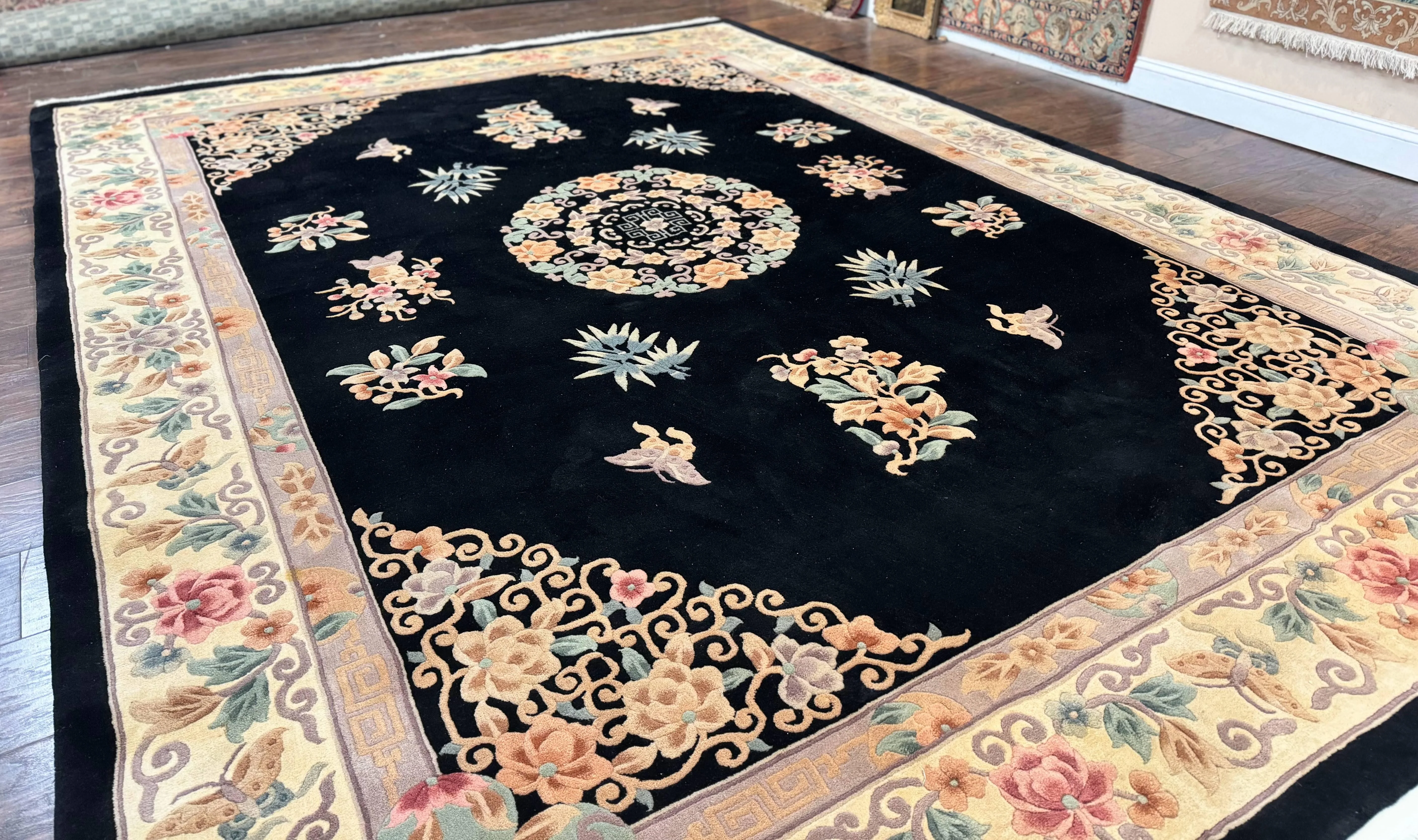 Chinese Wool Rug 9x12, Chinese Carving Carpet, Floral Medallion, Black and Beige, Butterflies, Vintage Asian Oriental Rug, 90 Line Rug - Image 12