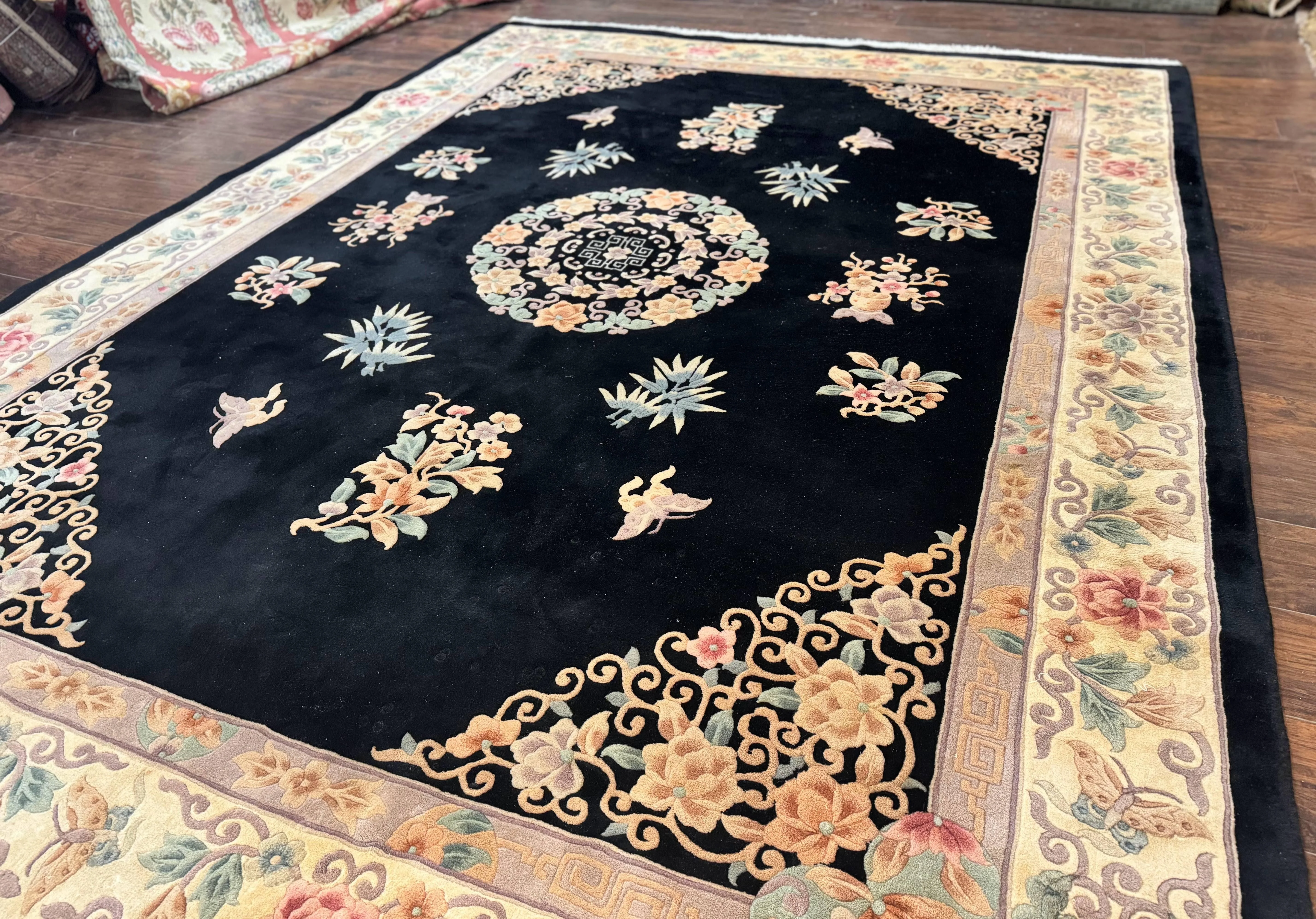 Chinese Wool Rug 9x12, Chinese Carving Carpet, Floral Medallion, Black and Beige, Butterflies, Vintage Asian Oriental Rug, 90 Line Rug - Image 2