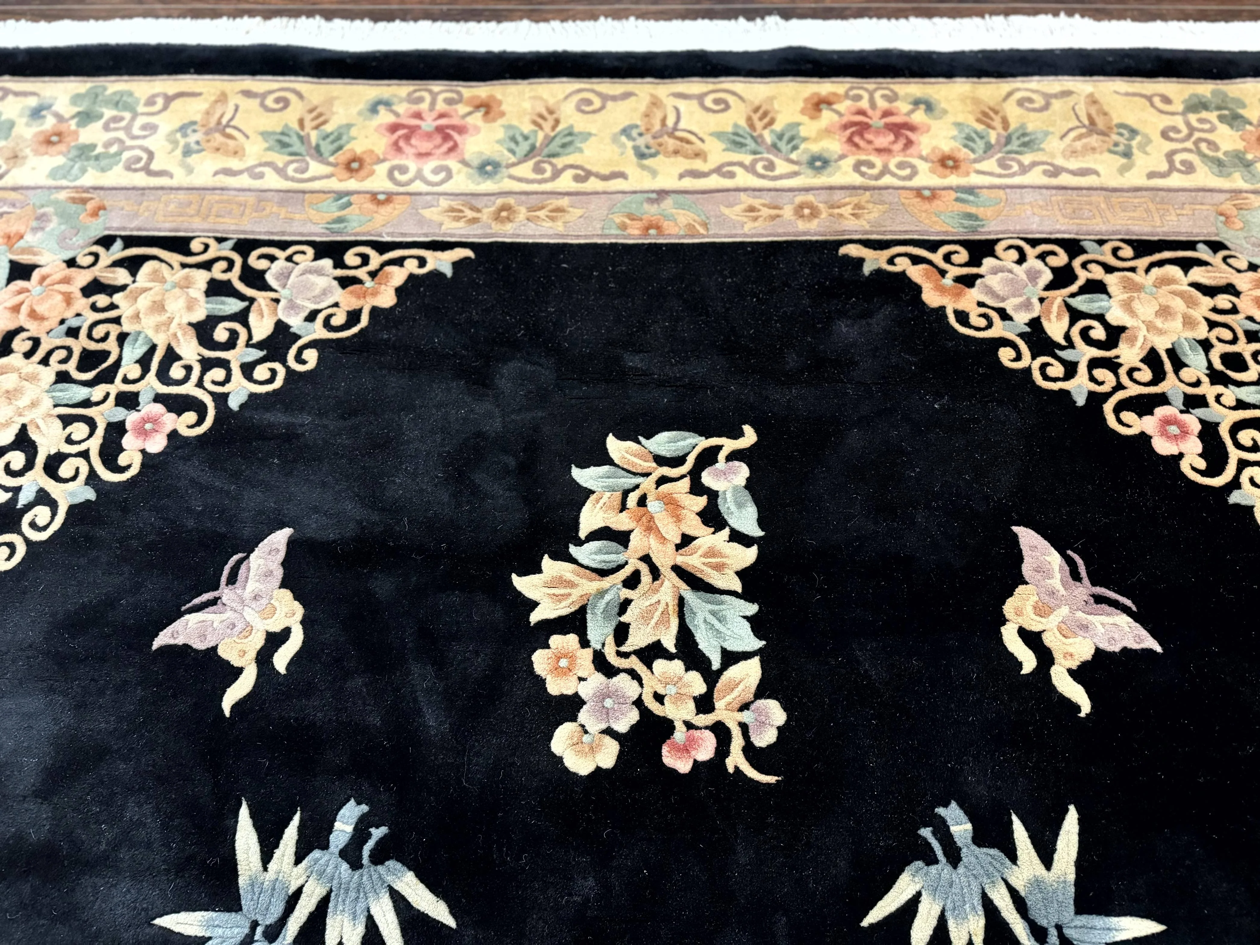 Chinese Wool Rug 9x12, Chinese Carving Carpet, Floral Medallion, Black and Beige, Butterflies, Vintage Asian Oriental Rug, 90 Line Rug - Image 3