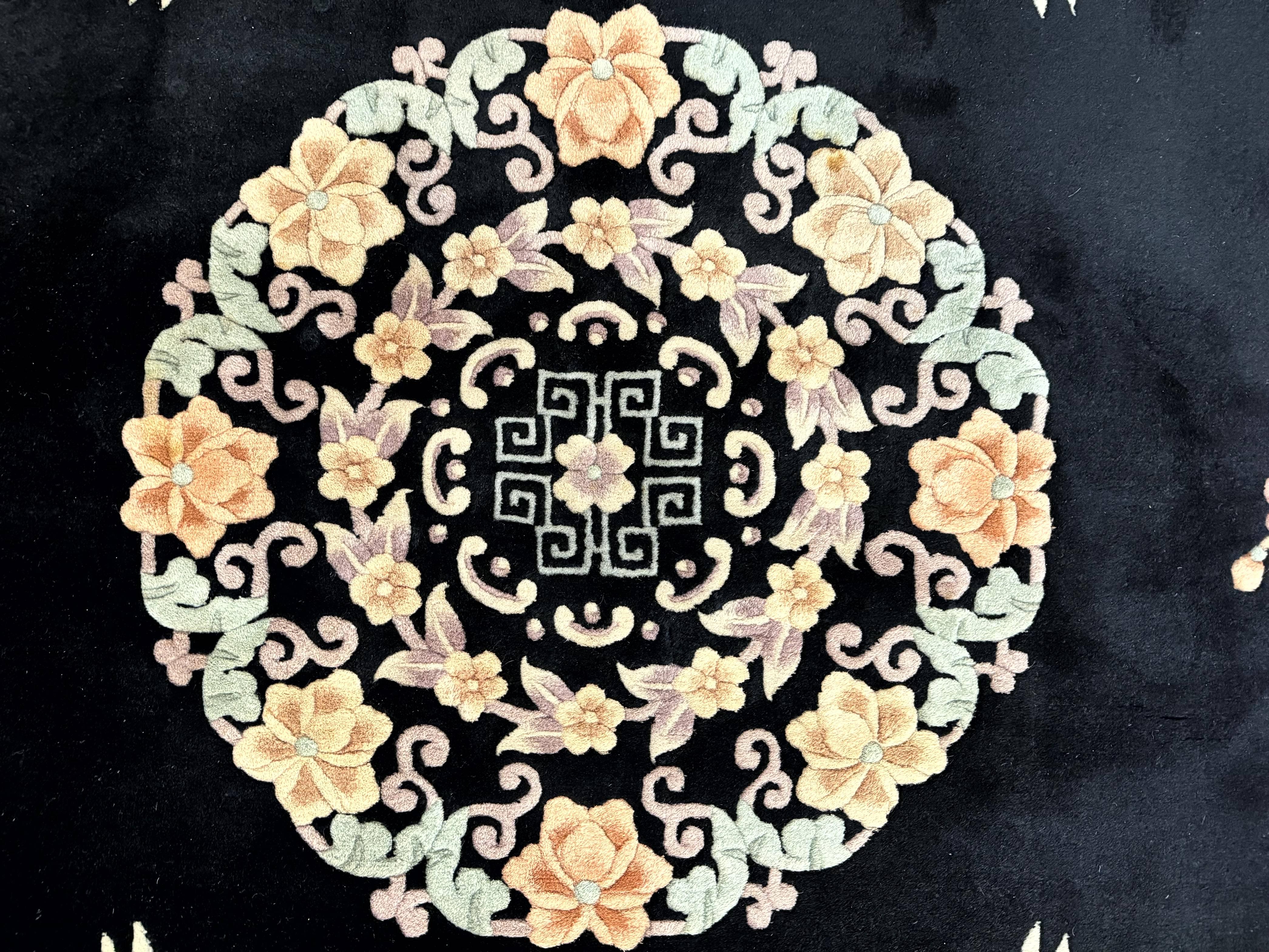 Chinese Wool Rug 9x12, Chinese Carving Carpet, Floral Medallion, Black and Beige, Butterflies, Vintage Asian Oriental Rug, 90 Line Rug - Image 4