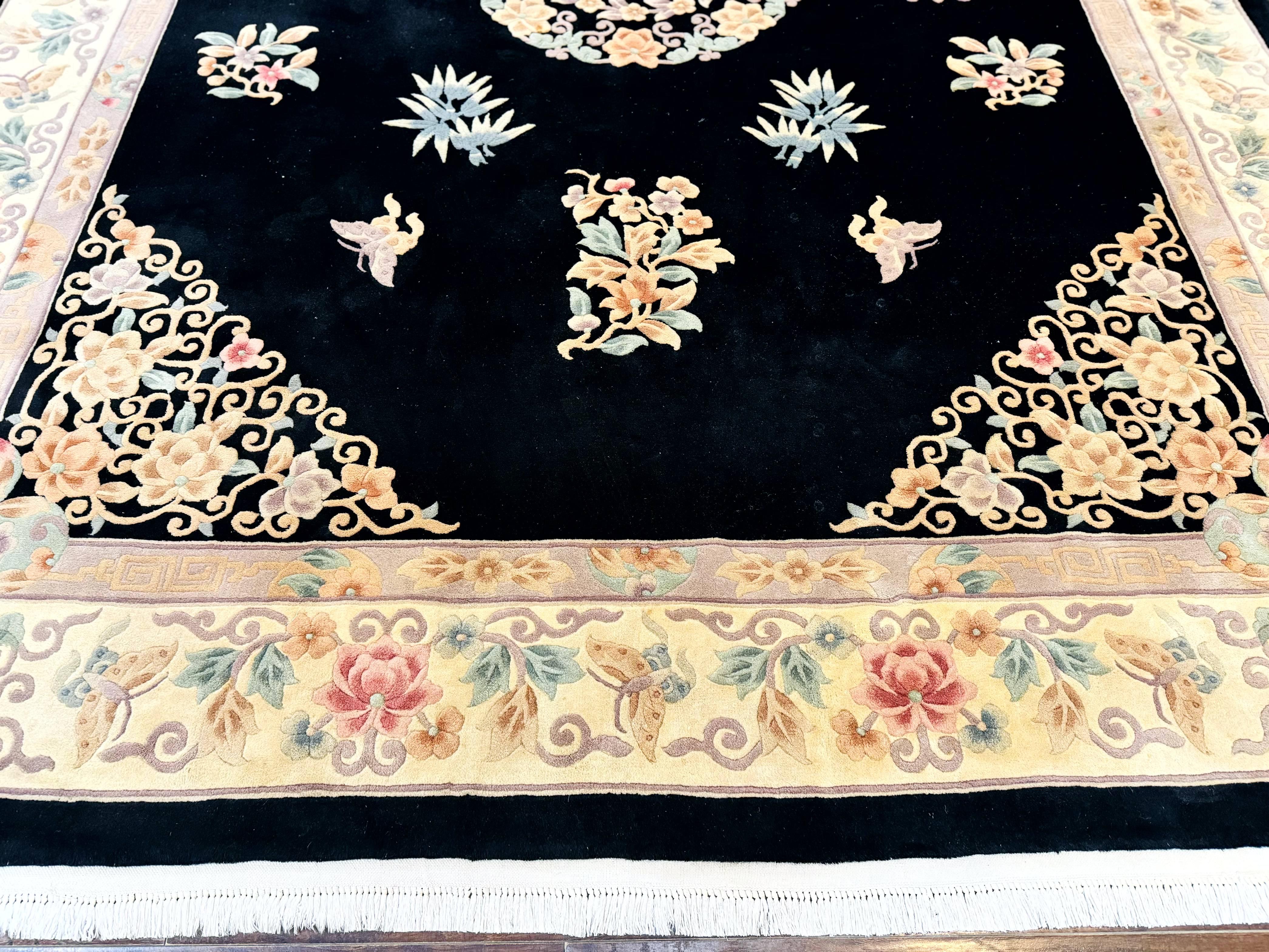 Chinese Wool Rug 9x12, Chinese Carving Carpet, Floral Medallion, Black and Beige, Butterflies, Vintage Asian Oriental Rug, 90 Line Rug - Image 5