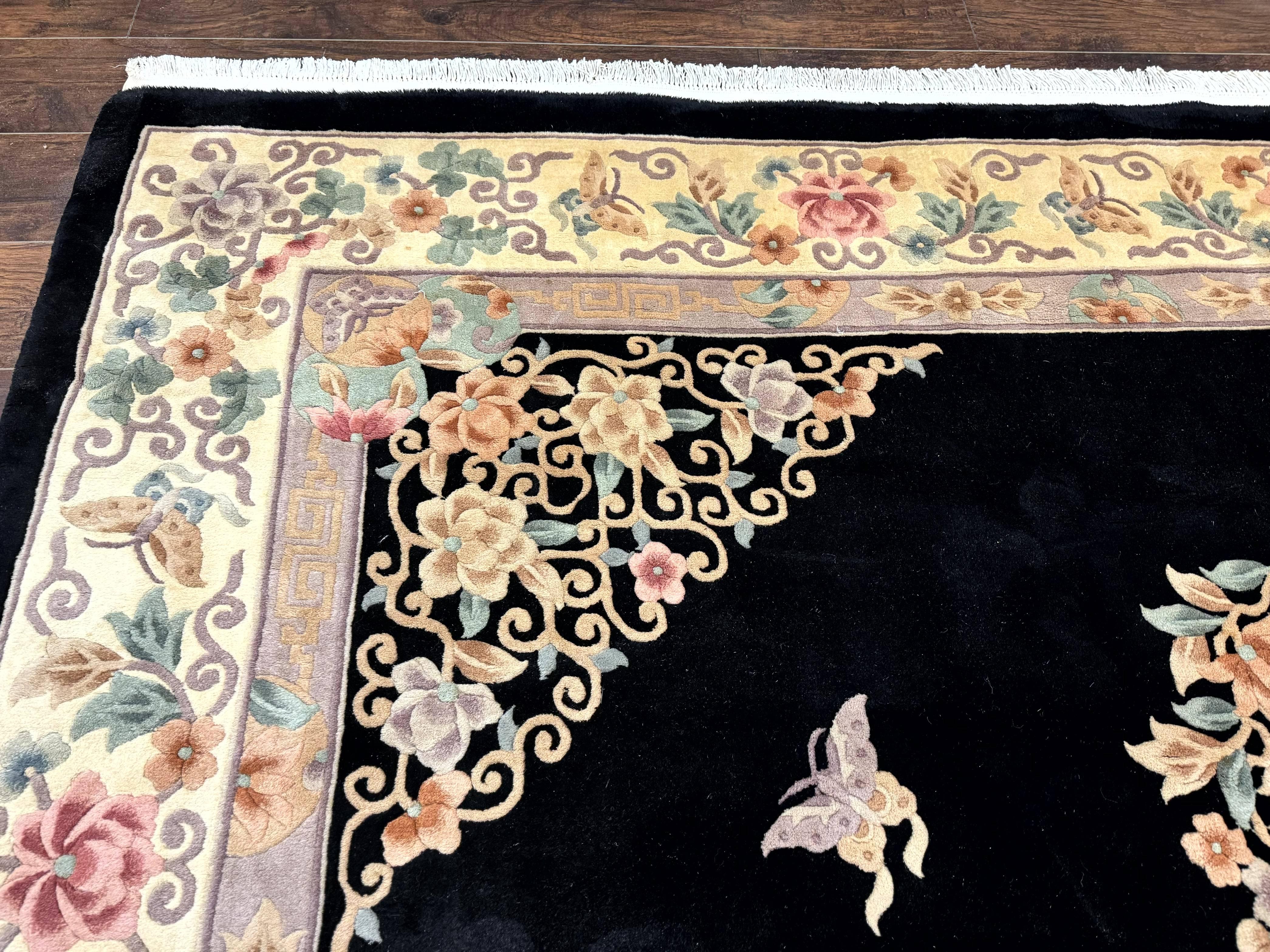 Chinese Wool Rug 9x12, Chinese Carving Carpet, Floral Medallion, Black and Beige, Butterflies, Vintage Asian Oriental Rug, 90 Line Rug - Image 6