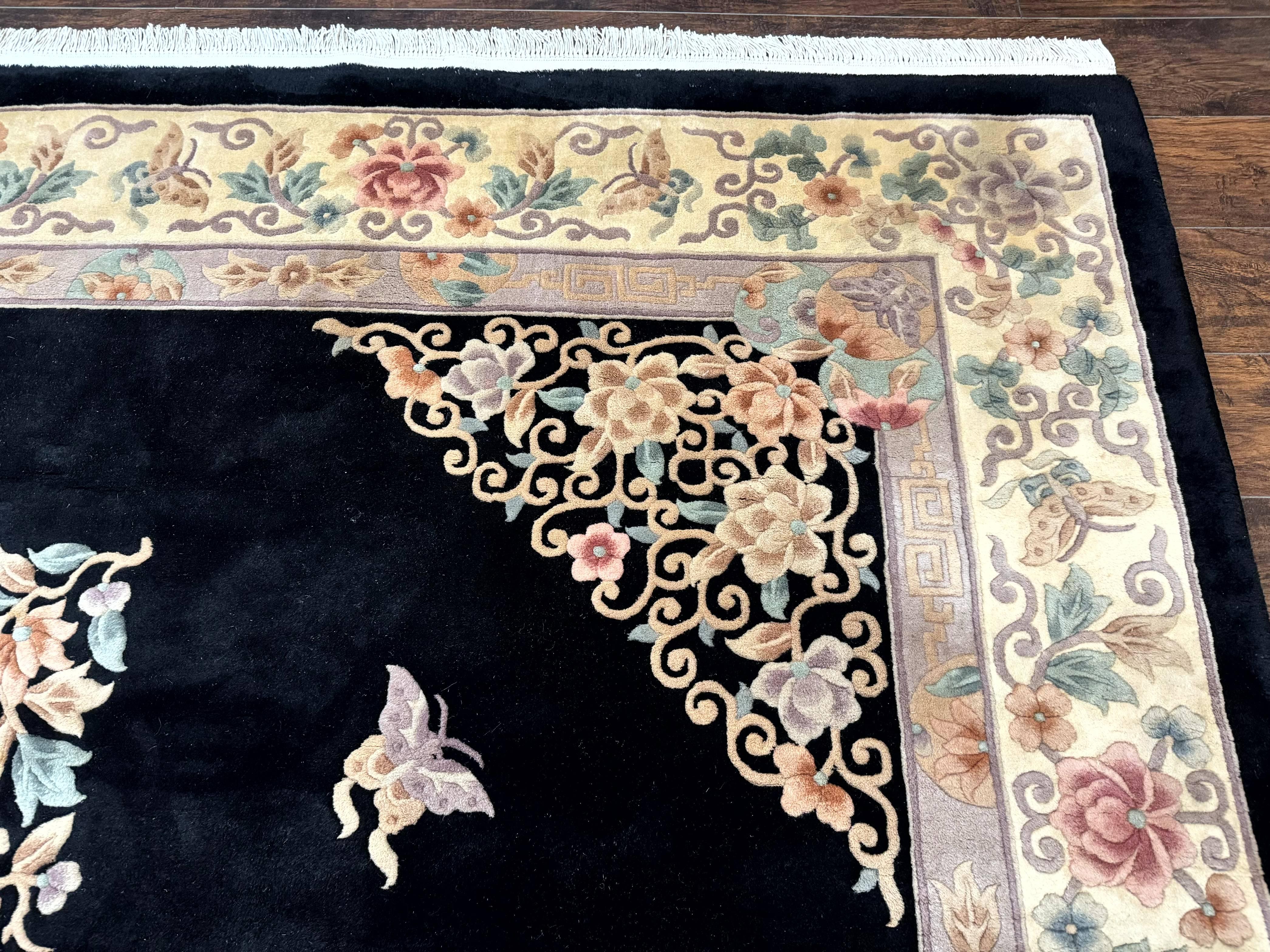 Chinese Wool Rug 9x12, Chinese Carving Carpet, Floral Medallion, Black and Beige, Butterflies, Vintage Asian Oriental Rug, 90 Line Rug - Image 7