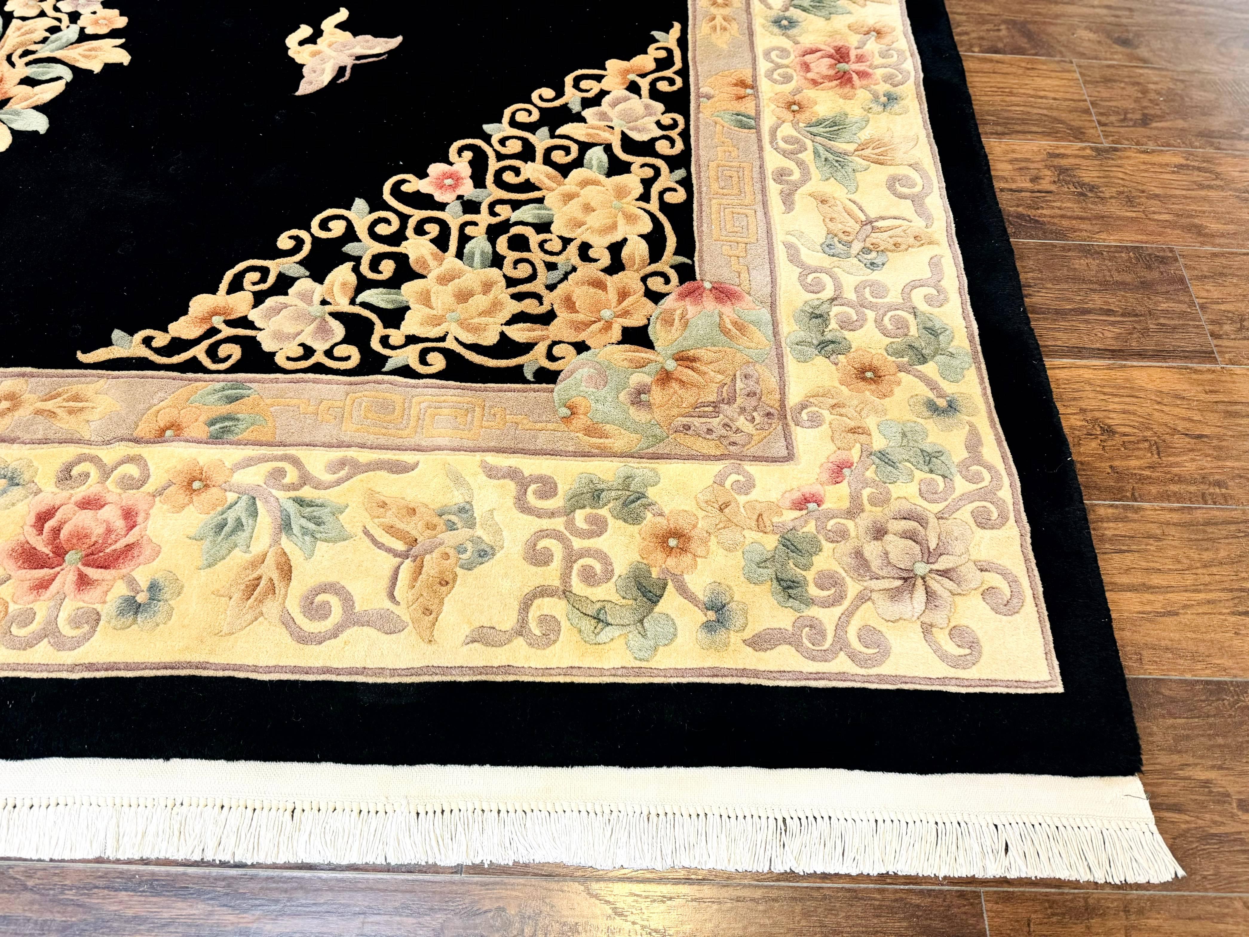 Chinese Wool Rug 9x12, Chinese Carving Carpet, Floral Medallion, Black and Beige, Butterflies, Vintage Asian Oriental Rug, 90 Line Rug - Image 9