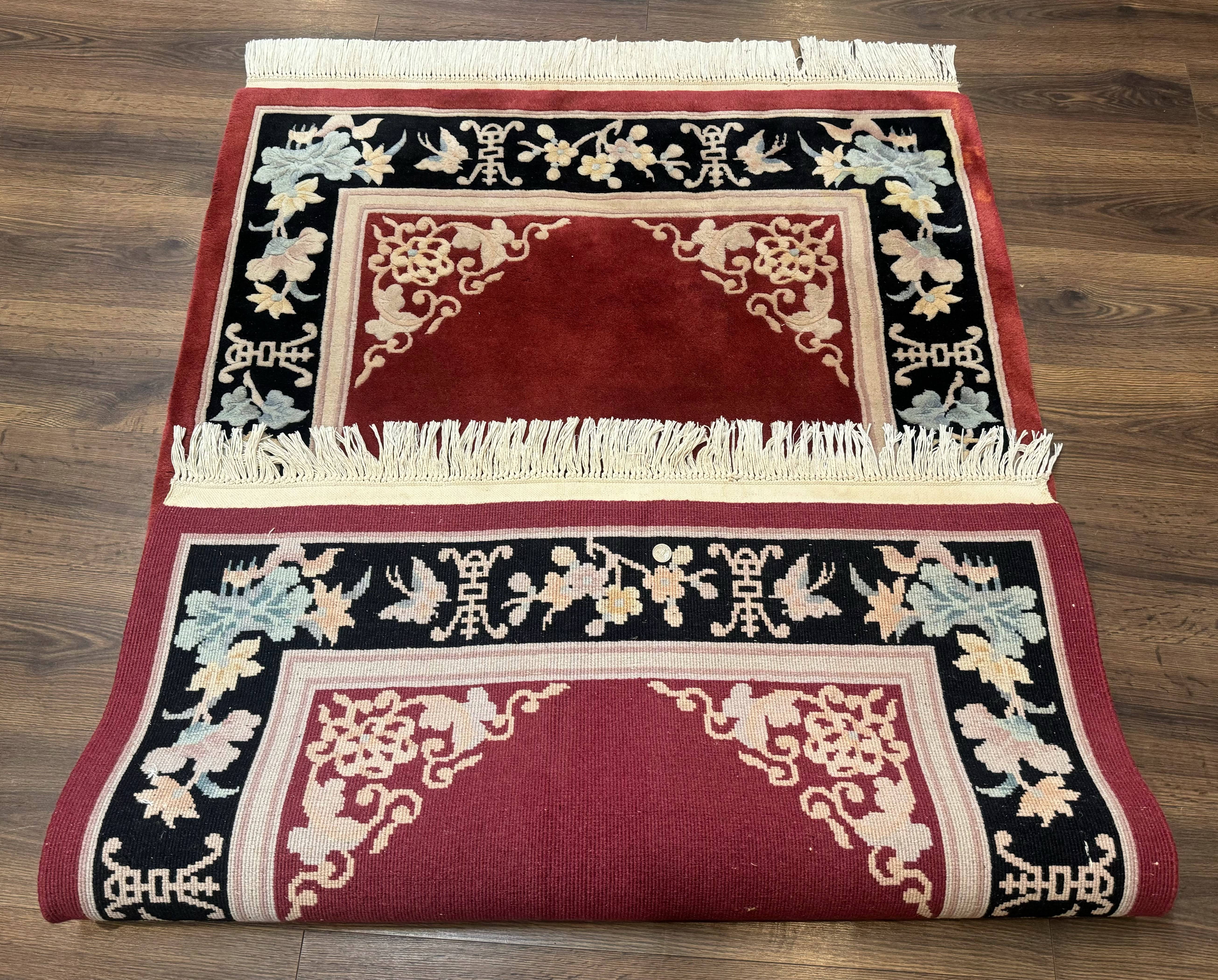Dark Red Chinese Wool Rug 4x6, Chinese 90 Line Rug, Carving Rug, Handmade, Pair B - Image 11