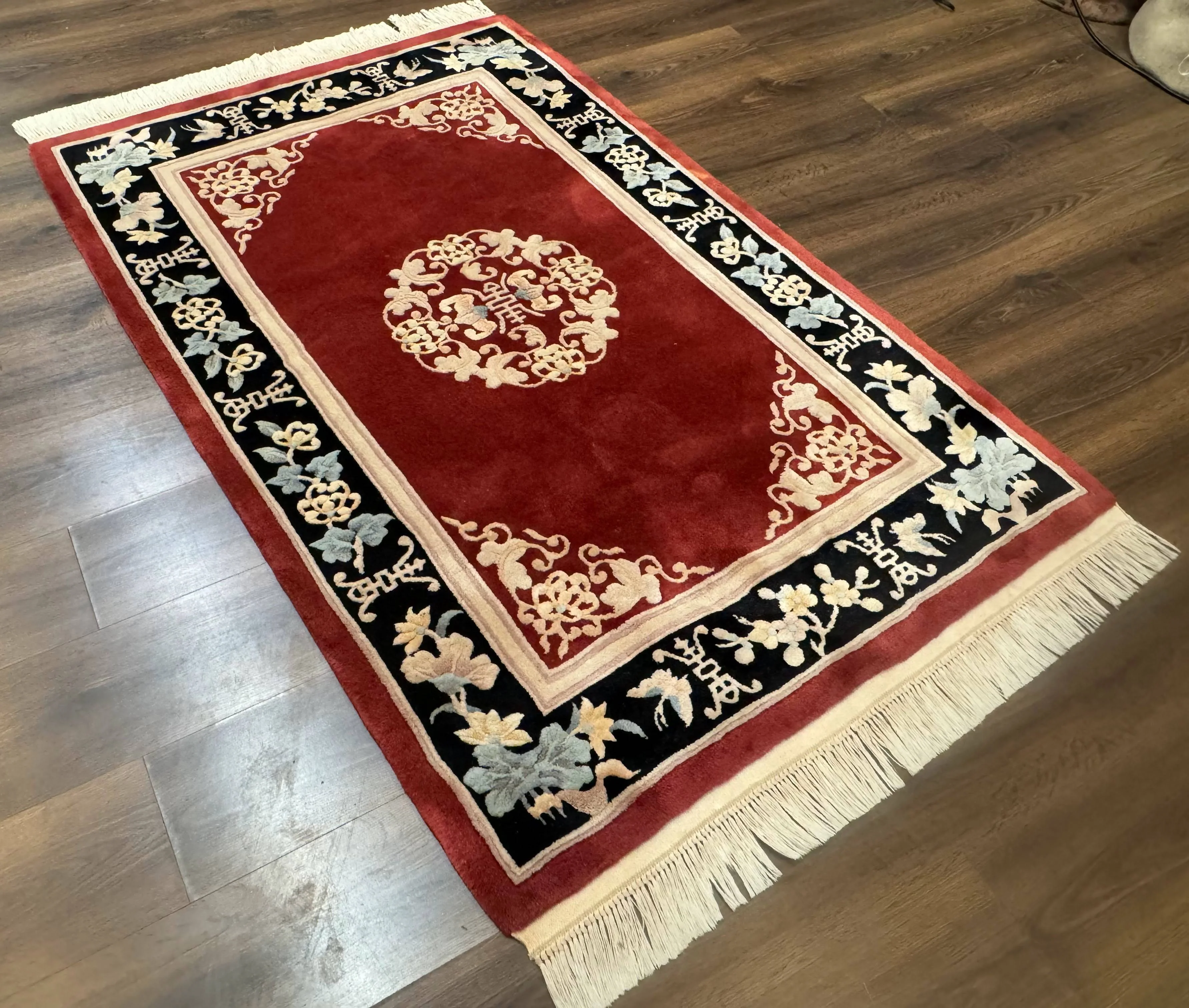 Dark Red Chinese Wool Rug 4x6, Chinese 90 Line Rug, Carving Rug, Handmade, Pair B - Image 12