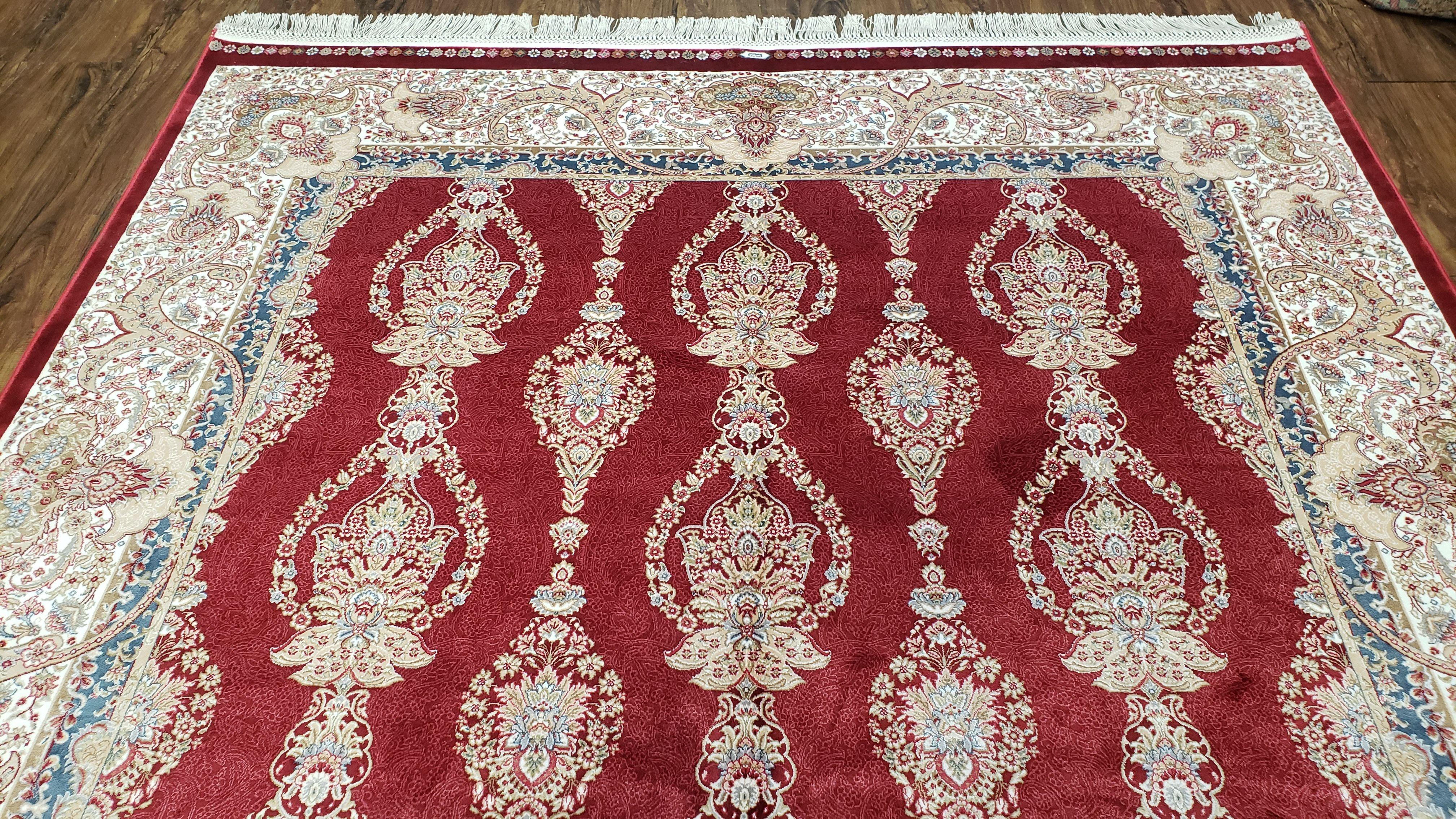 Dark Red Silk Carpet 5.3 x 7.6 ft, 5x8 Silk Rug, New Turkish Silk Carpet, Mint Condition, Beige & Red Area Rug, Bamboo Silk, High Quality - Image 11
