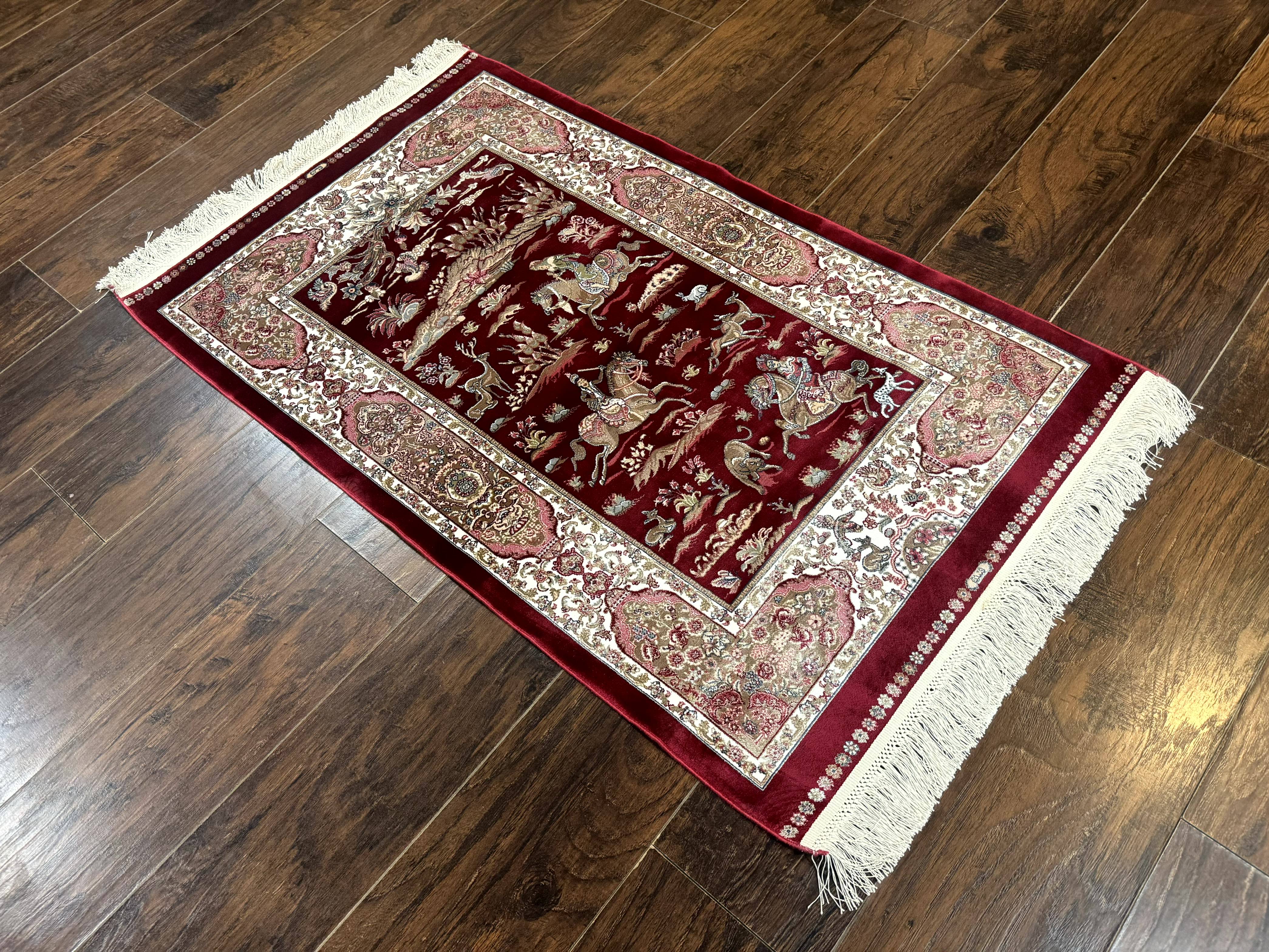 Dark Red Turkish Silk Rug 2.6 x 4, Hunting Design Scene, Bamboo Silk - Image 12