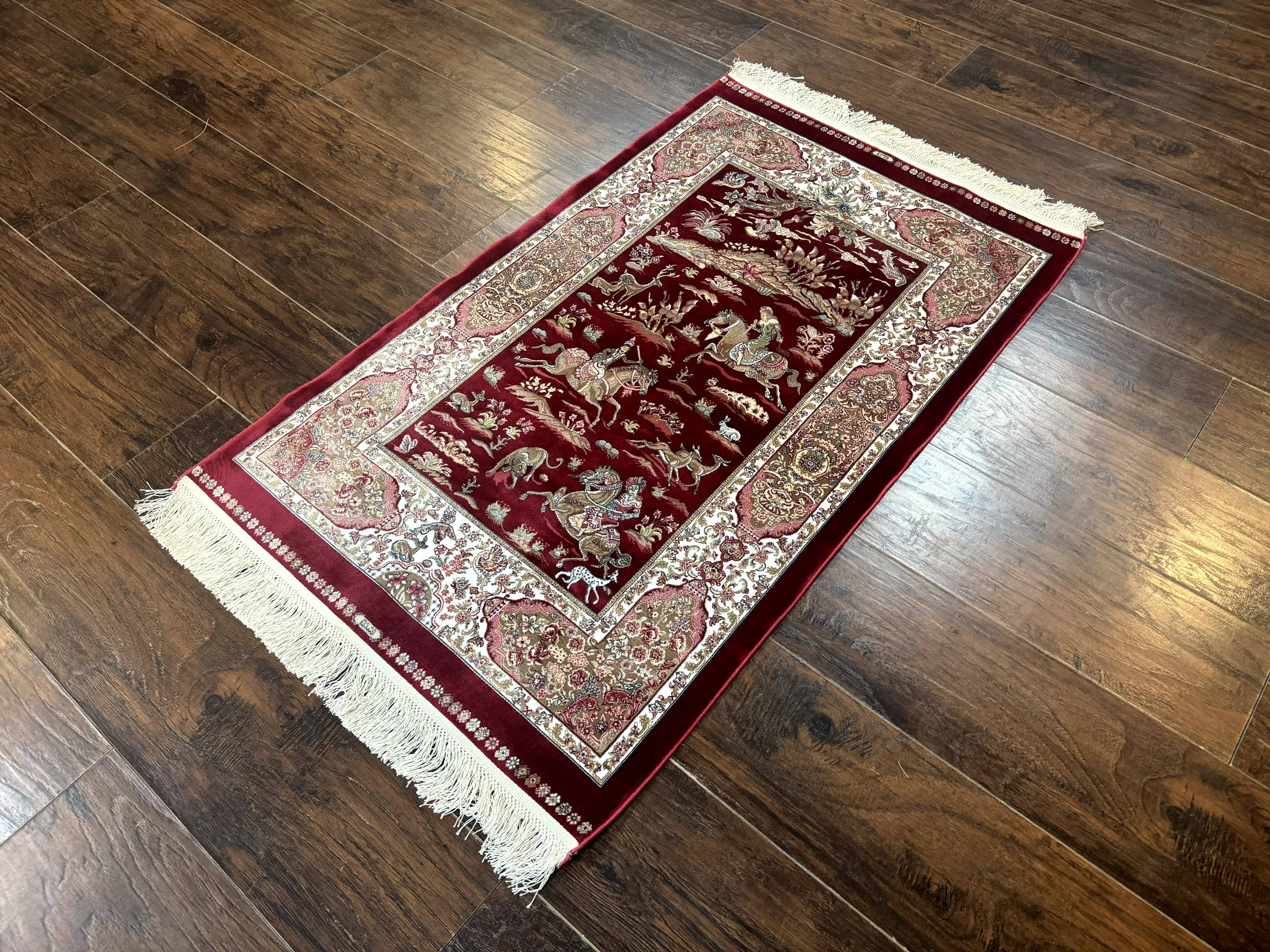 Dark Red Turkish Silk Rug 2.6 x 4, Hunting Design Scene, Bamboo Silk - Image 2